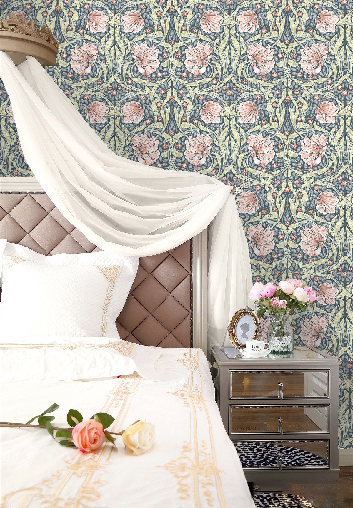 Floralplus Wallpaper Peel and Stick Floral Vintage Boho Grey Sage Green Blush Art Nouveau Botanical Wall Decor Bedroom Bathroom Removable Mural
