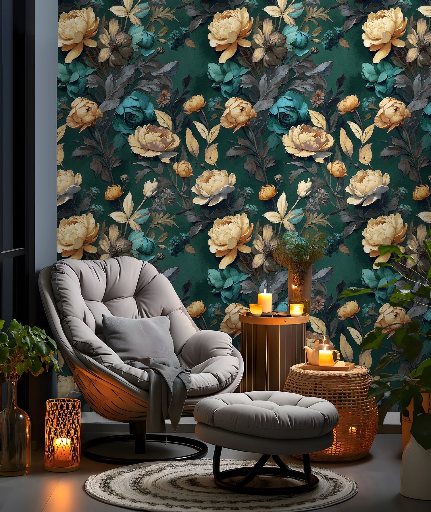 Floralplus Wallpaper Peel and Stick Floral Vintage Dark Green Retro Wall Decor Bedroom Living Room Removable Mural