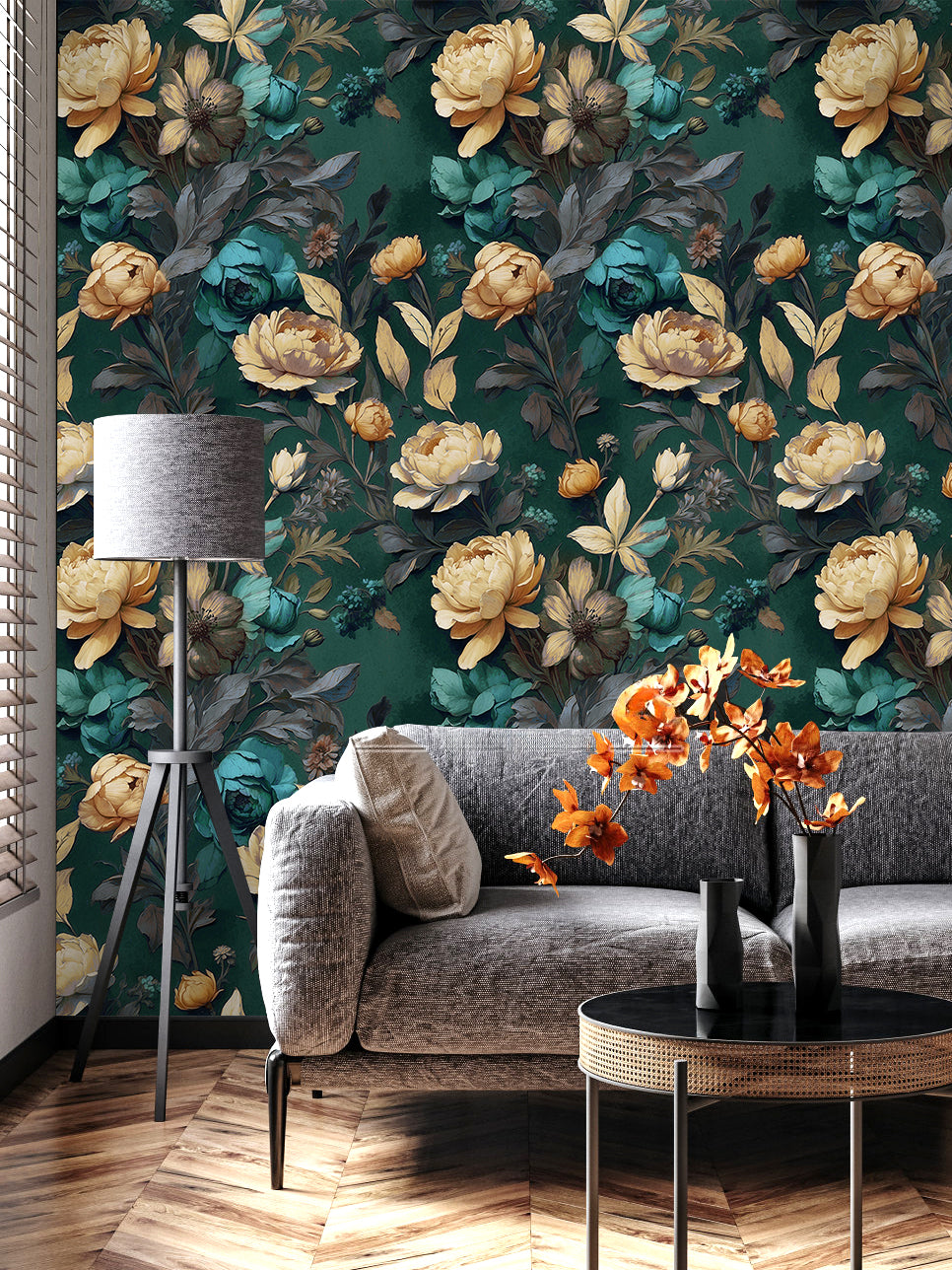 Floralplus Wallpaper Peel and Stick Floral Vintage Dark Green Retro Wall Decor Bedroom Living Room Removable Mural