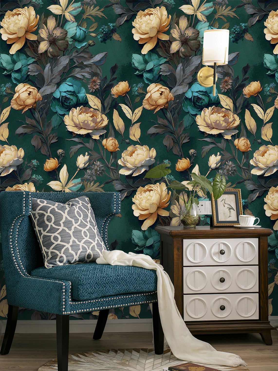 Floralplus Wallpaper Peel and Stick Floral Vintage Dark Green Retro Wall Decor Bedroom Living Room Removable Mural
