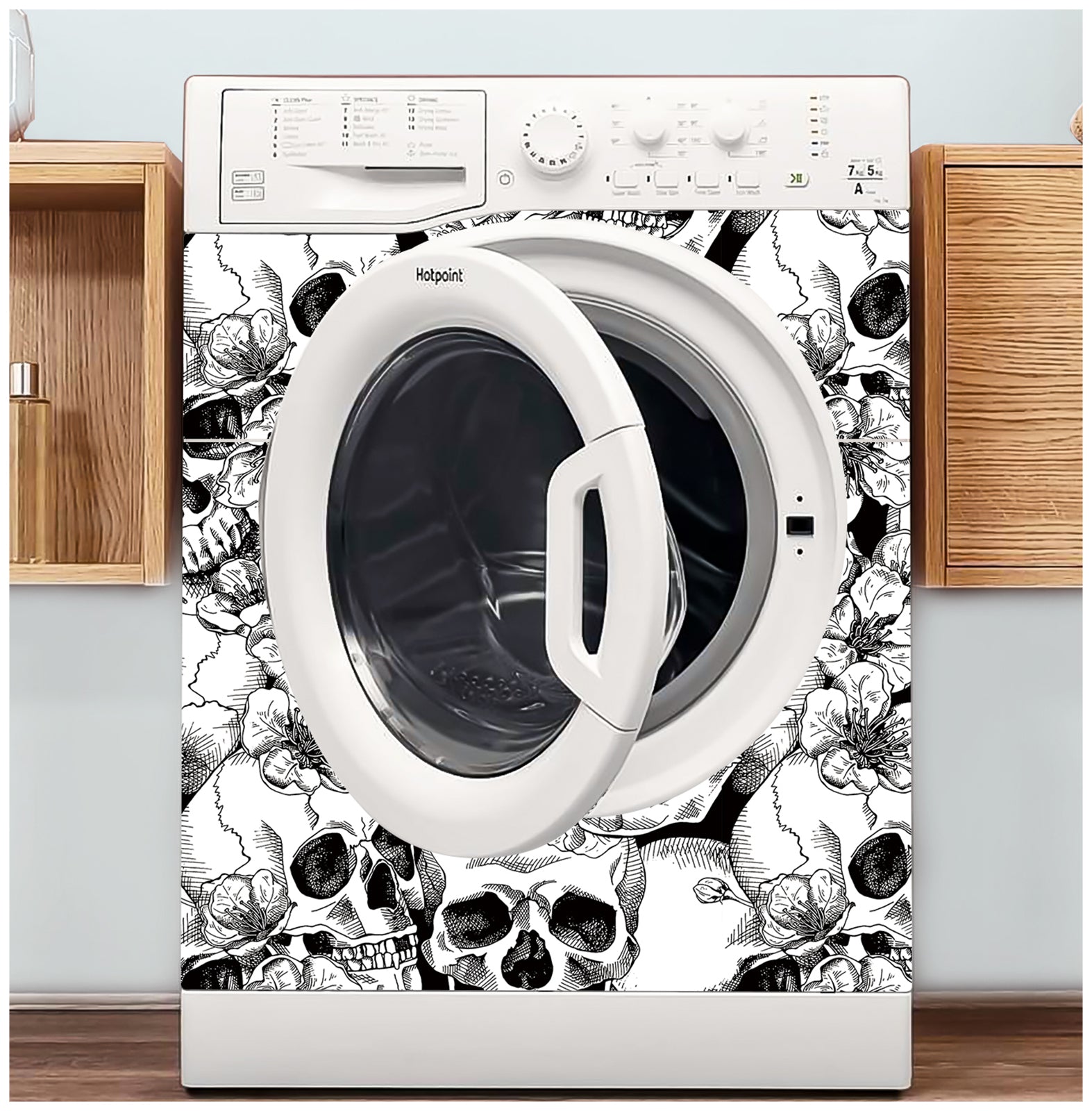 Floralplus Wallpaper Peel and Stick Gothic Skull Floral Black White Halloween Tattoo Wall Decor Bedroom Living Room Bathroom Removable Mural