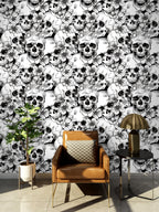 Floralplus Wallpaper Peel and Stick Gothic Skull Floral Black White Halloween Tattoo Wall Decor Bedroom Living Room Bathroom Removable Mural