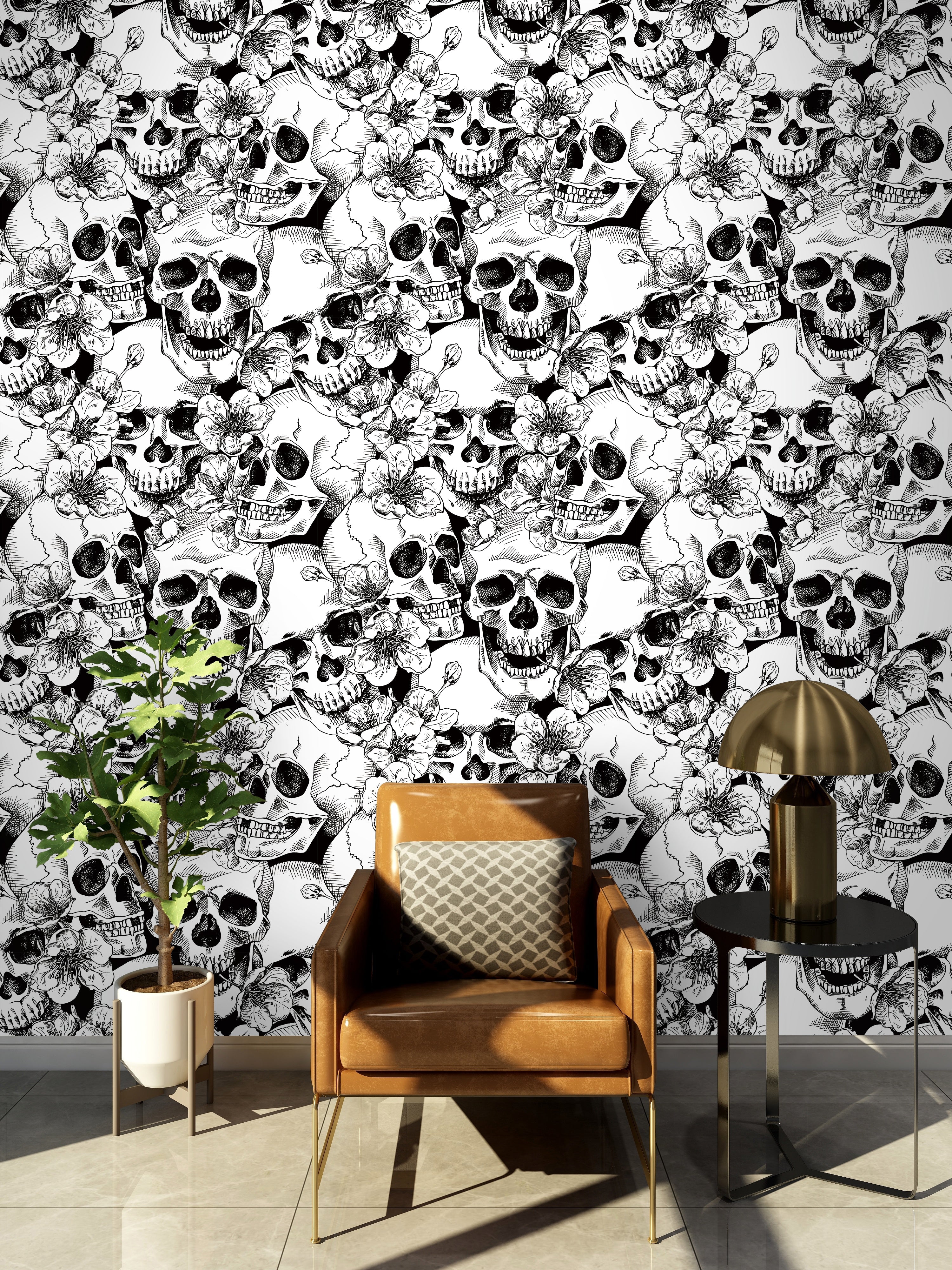 Floralplus Wallpaper Peel and Stick Gothic Skull Floral Black White Halloween Tattoo Wall Decor Bedroom Living Room Bathroom Removable Mural