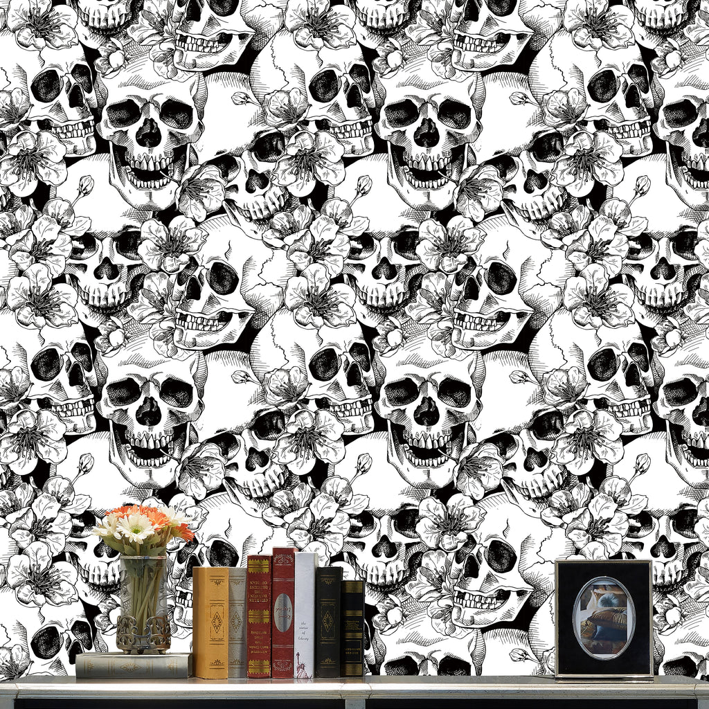 Floralplus Wallpaper Peel and Stick Gothic Skull Floral Black White Halloween Tattoo Wall Decor Bedroom Living Room Bathroom Removable Mural