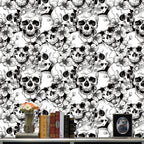 Floralplus Wallpaper Peel and Stick Gothic Skull Floral Black White Halloween Tattoo Wall Decor Bedroom Living Room Bathroom Removable Mural