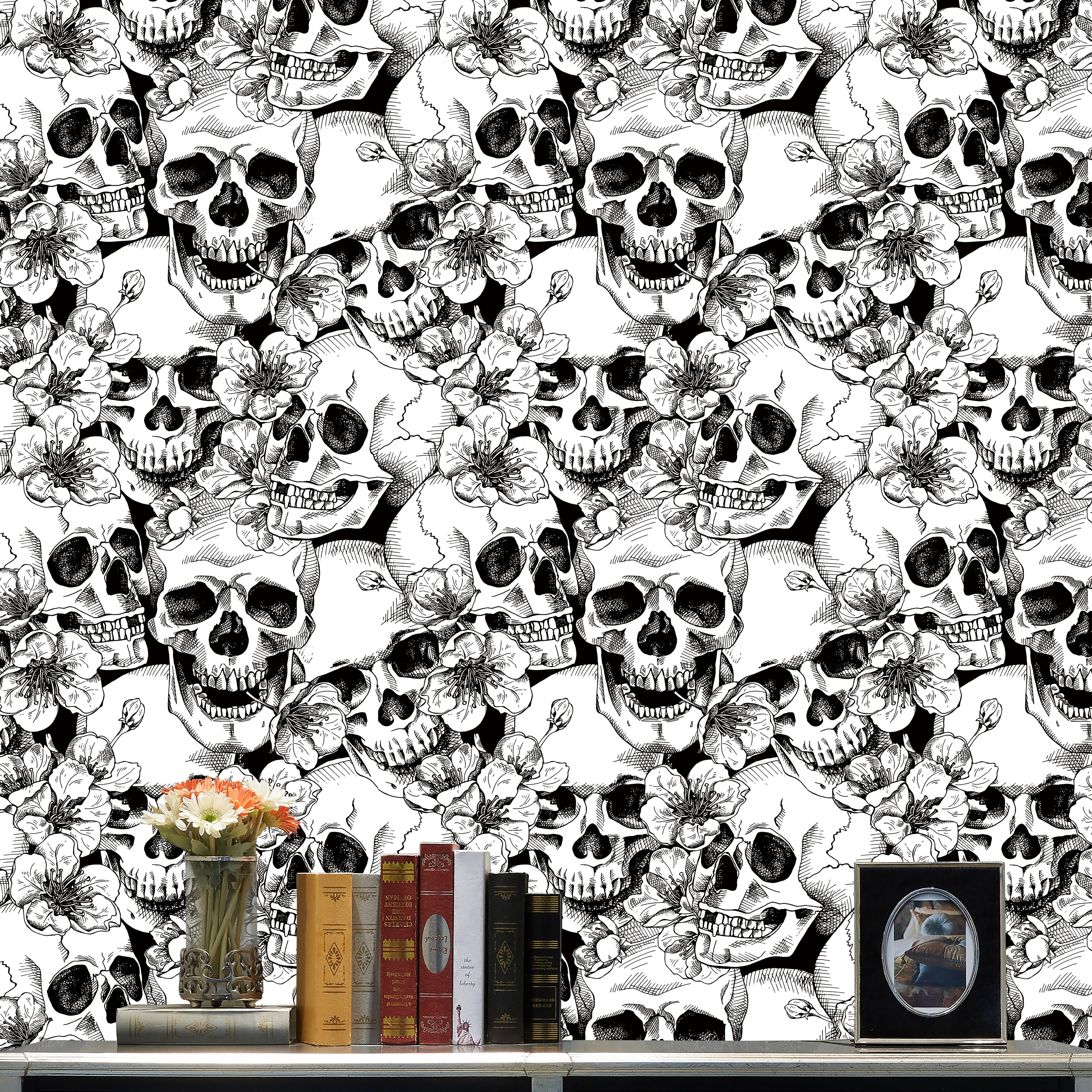 Floralplus Wallpaper Peel and Stick Gothic Skull Floral Black White Halloween Tattoo Wall Decor Bedroom Living Room Bathroom Removable Mural