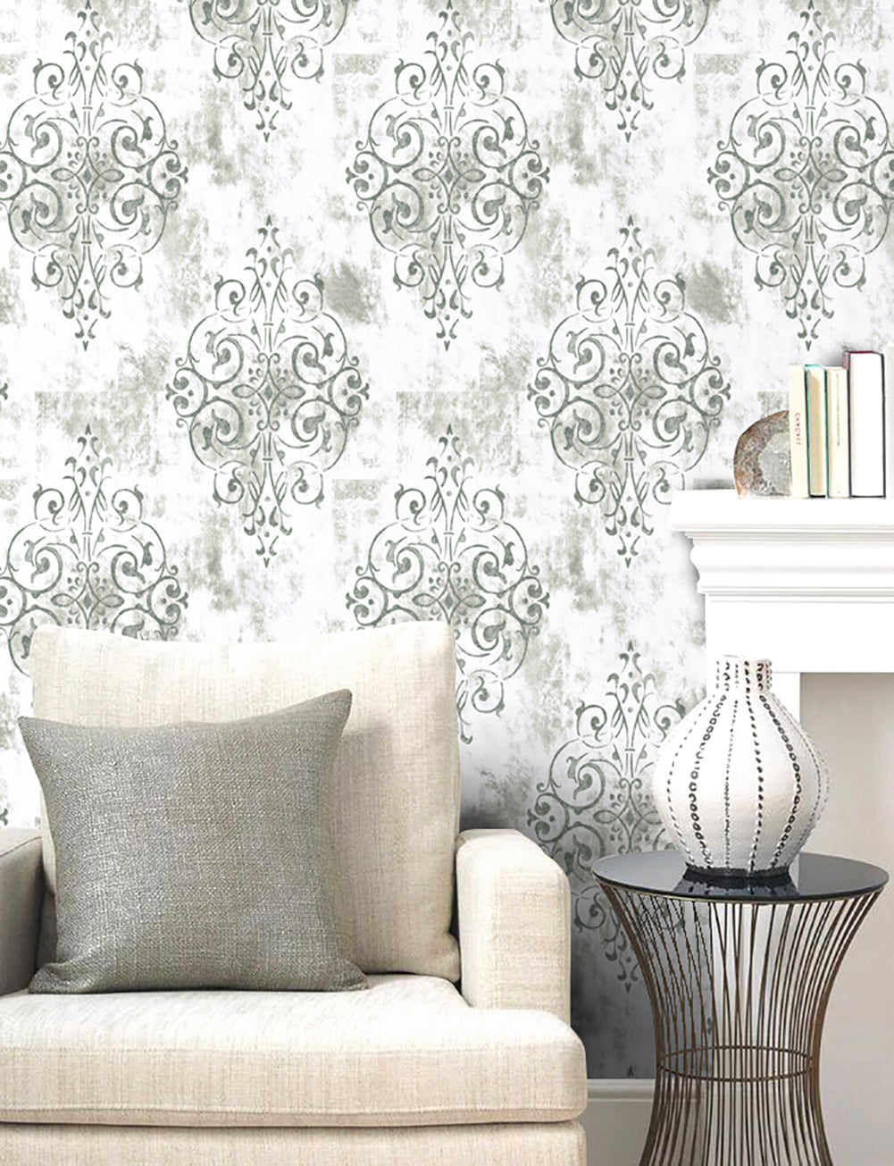 Floralplus Wallpaper Peel and Stick Gray White Damask Vintage Baroque Textured Neutral Wall Decor Living Room Bedroom Bathroom Kitchen Removable Mural
