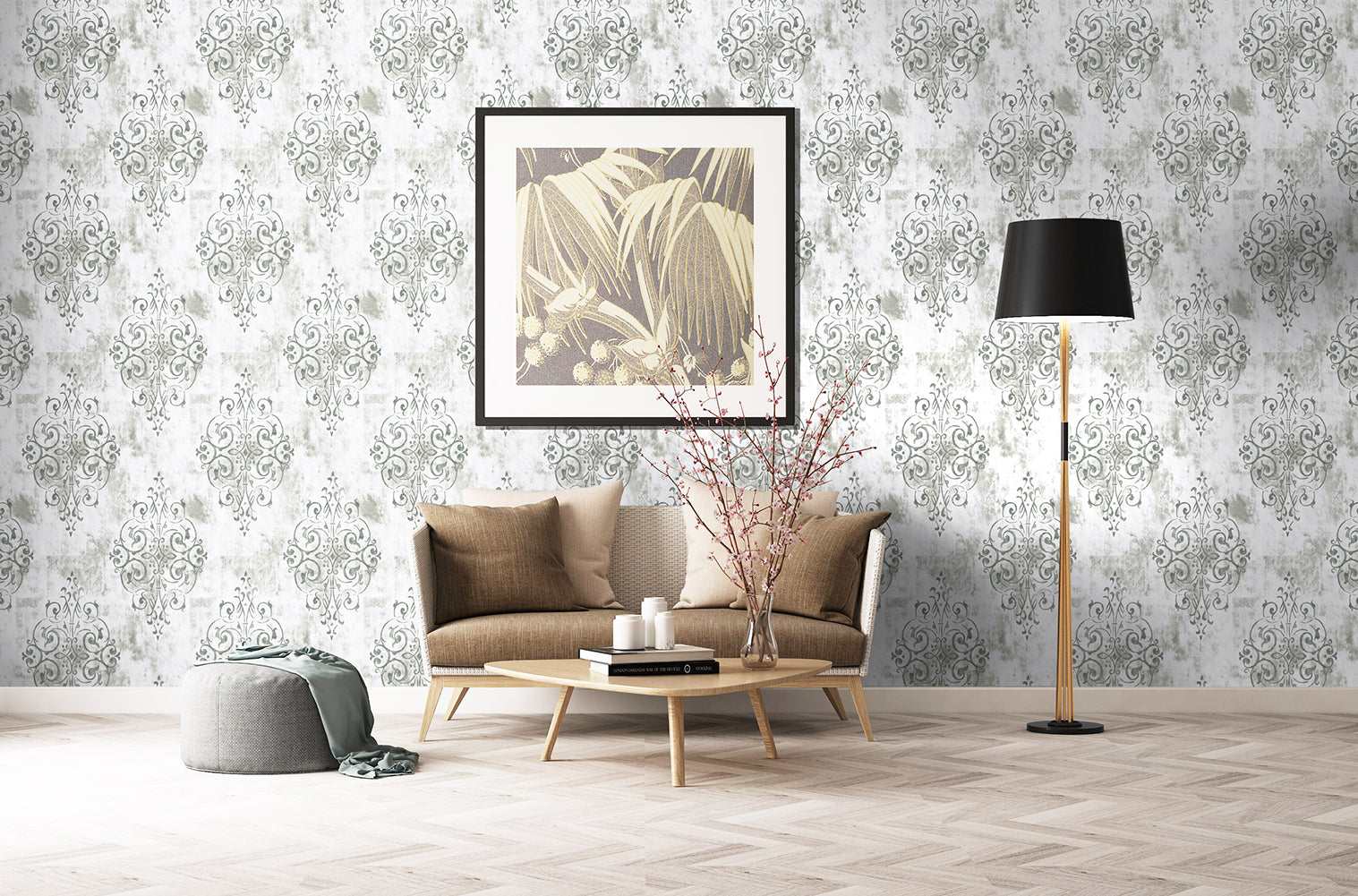 Floralplus Wallpaper Peel and Stick Gray White Damask Vintage Baroque Textured Neutral Wall Decor Living Room Bedroom Bathroom Kitchen Removable Mural