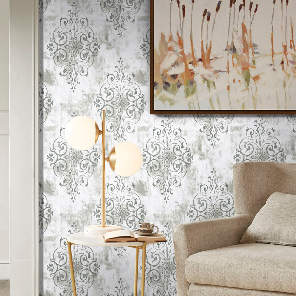 Floralplus Wallpaper Peel and Stick Gray White Damask Vintage Baroque Textured Neutral Wall Decor Living Room Bedroom Bathroom Kitchen Removable Mural