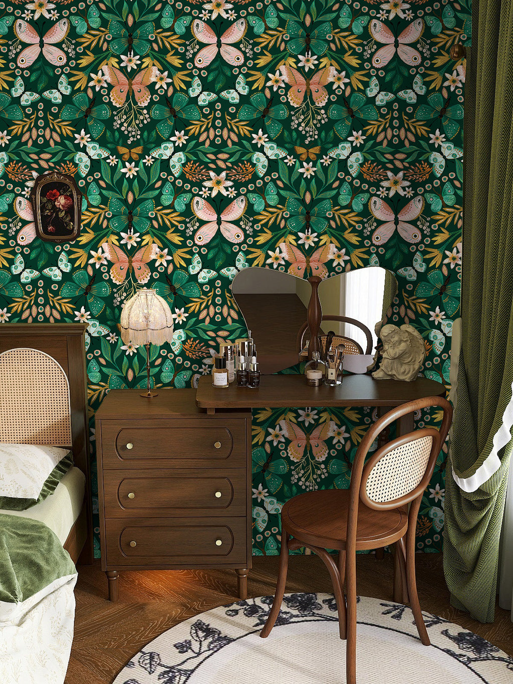 Floralplus Wallpaper Peel and Stick Green Butterfly Floral Boho Kids Room Nursery Vintage Wall Decor Bathroom Removable Mural