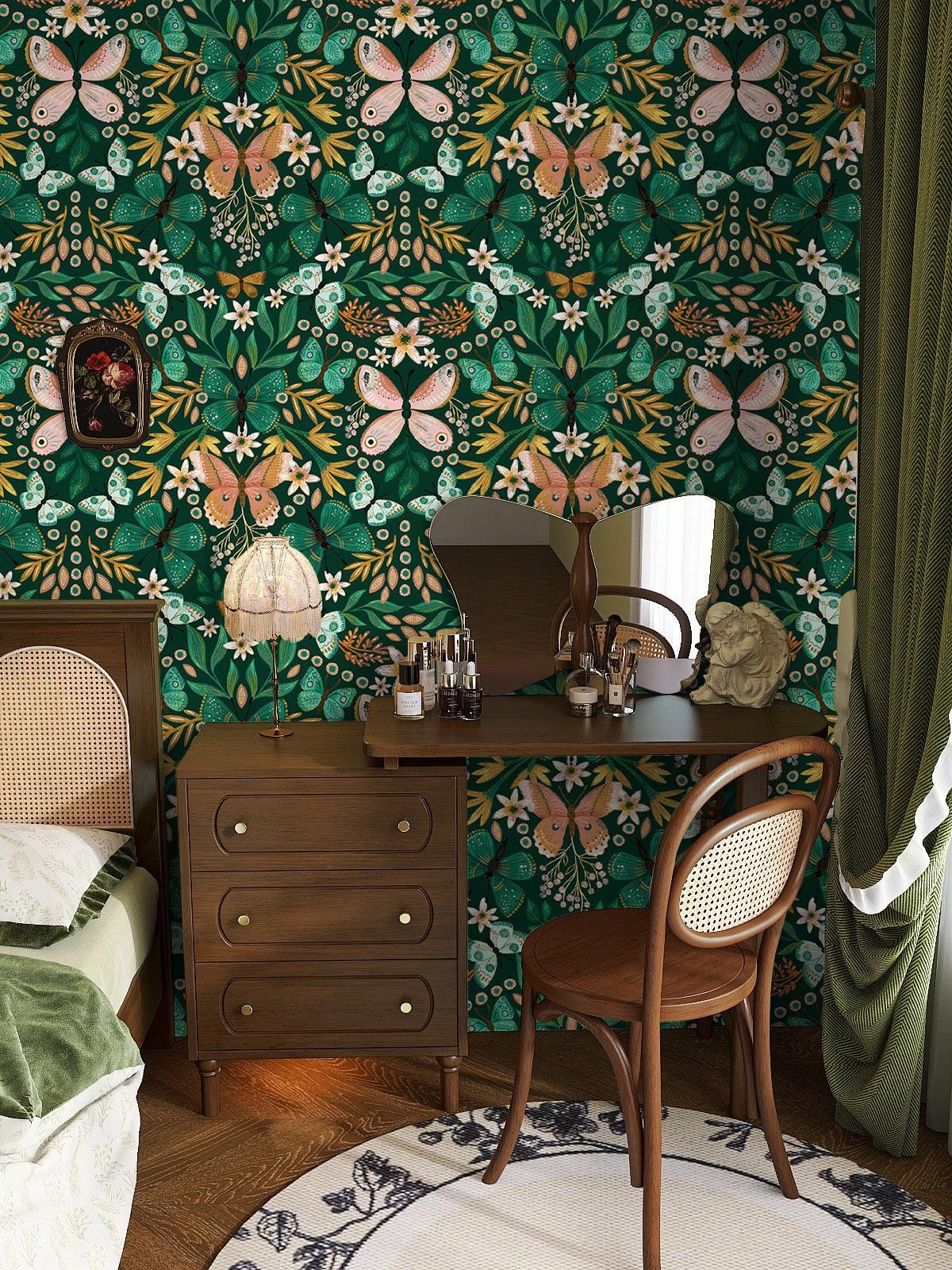 Floralplus Wallpaper Peel and Stick Green Butterfly Floral Boho Kids Room Nursery Vintage Wall Decor Bathroom Removable Mural