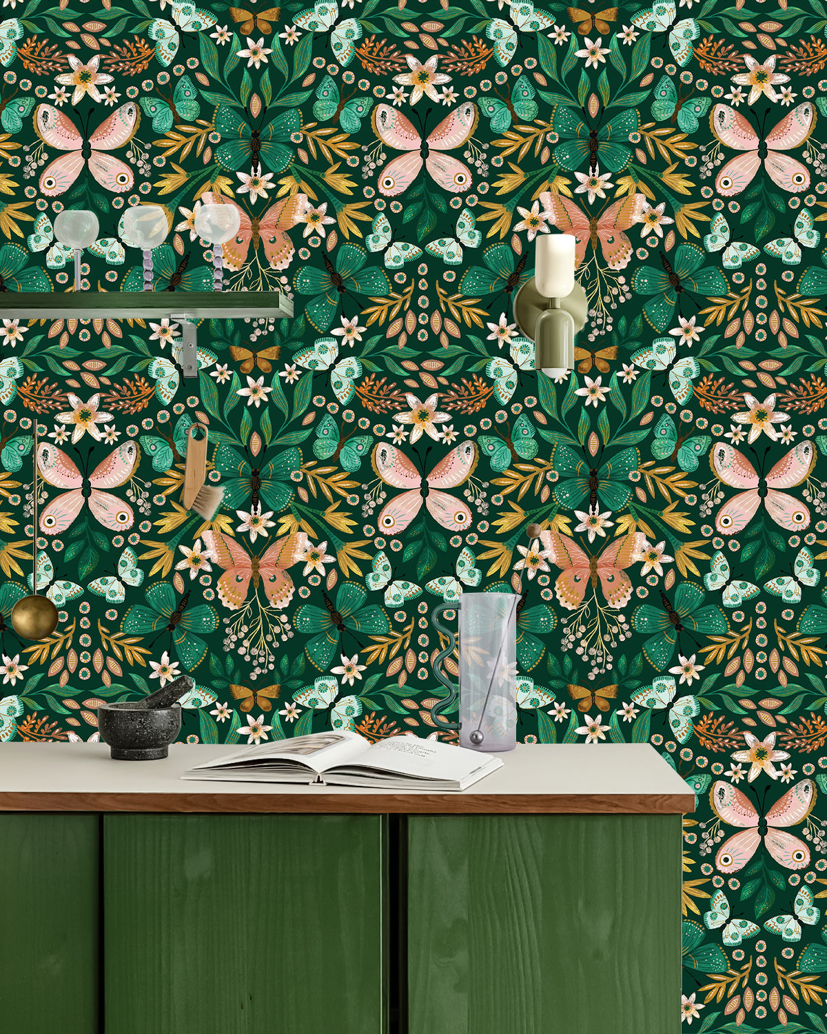 Floralplus Wallpaper Peel and Stick Green Butterfly Floral Boho Kids Room Nursery Vintage Wall Decor Bathroom Removable Mural