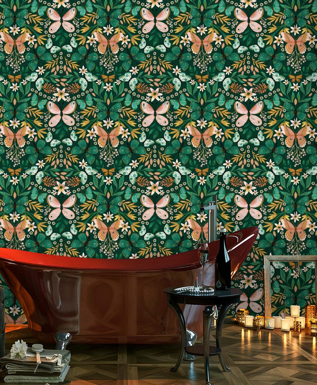 Floralplus Wallpaper Peel and Stick Green Butterfly Floral Boho Kids Room Nursery Vintage Wall Decor Bathroom Removable Mural