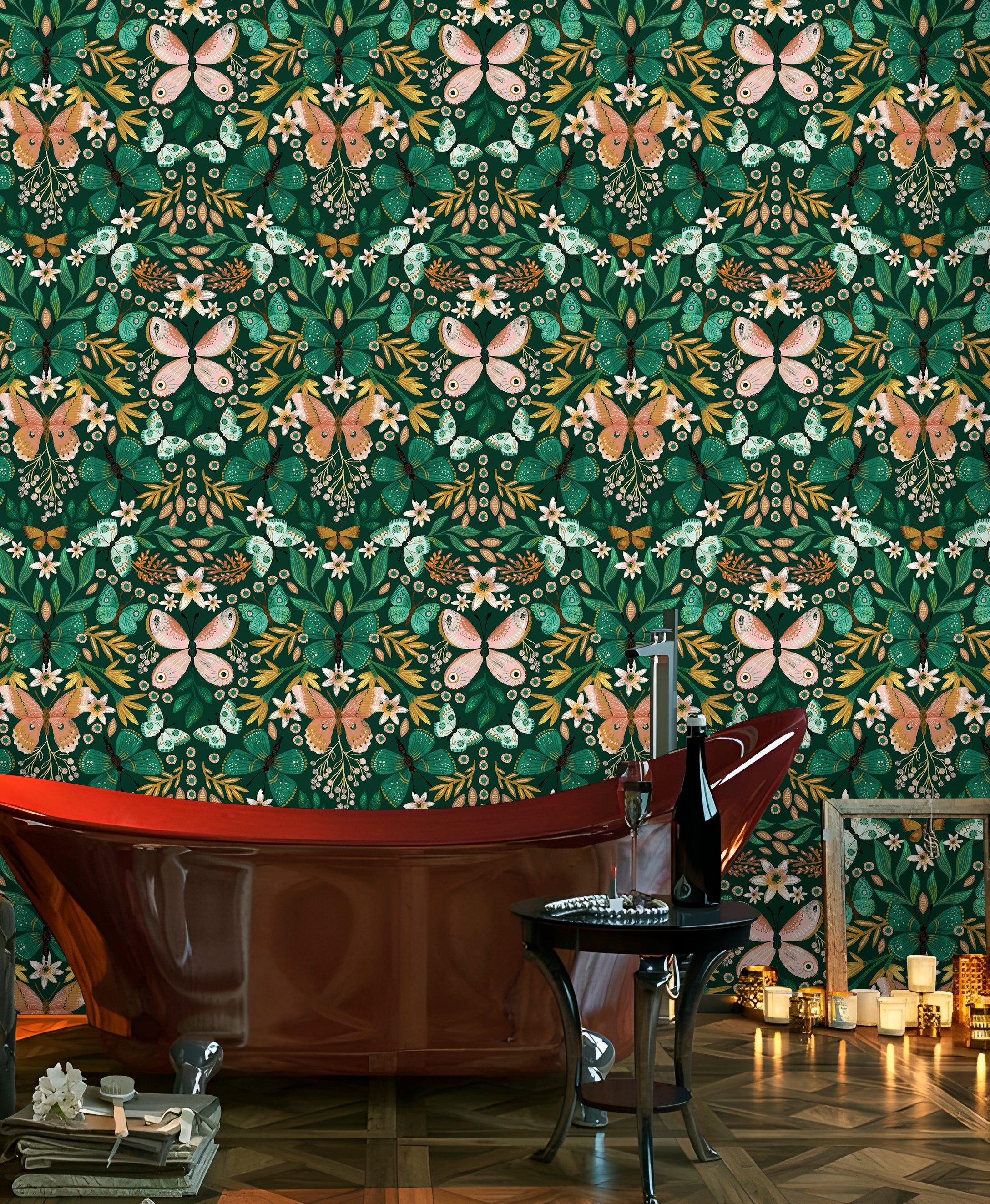 Floralplus Wallpaper Peel and Stick Green Butterfly Floral Boho Kids Room Nursery Vintage Wall Decor Bathroom Removable Mural