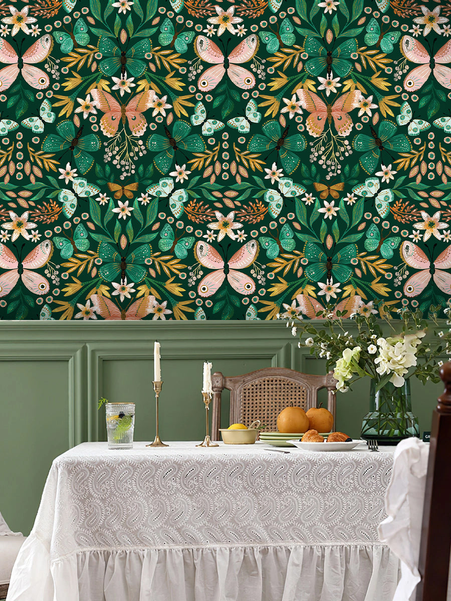 Floralplus Wallpaper Peel and Stick Green Butterfly Floral Boho Kids Room Nursery Vintage Wall Decor Bathroom Removable Mural