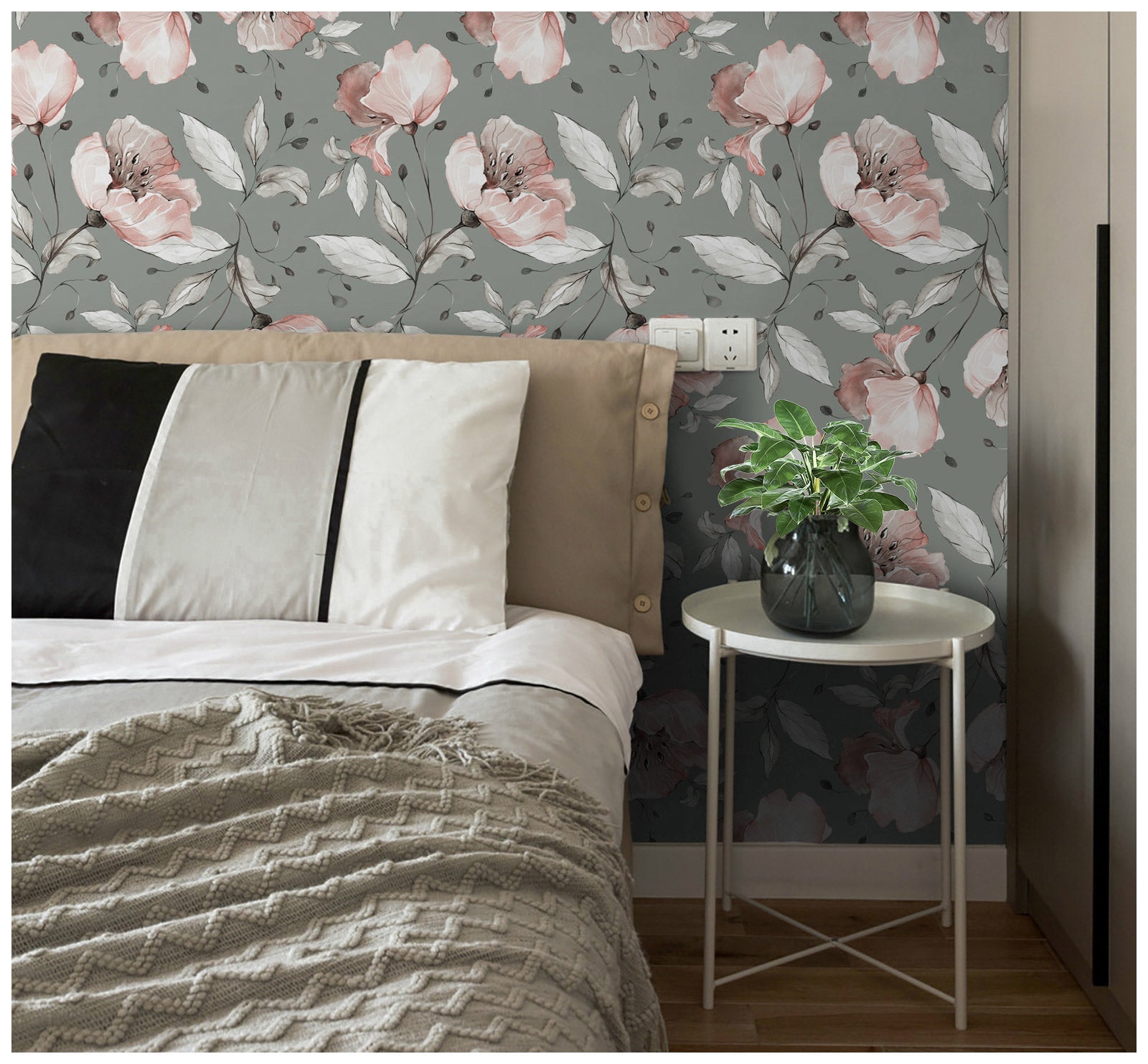 Floralplus Wallpaper Peel and Stick Grey Blush Floral Watercolor Removable Wall Decor for Bedroom Living Room Bathroom Nursery