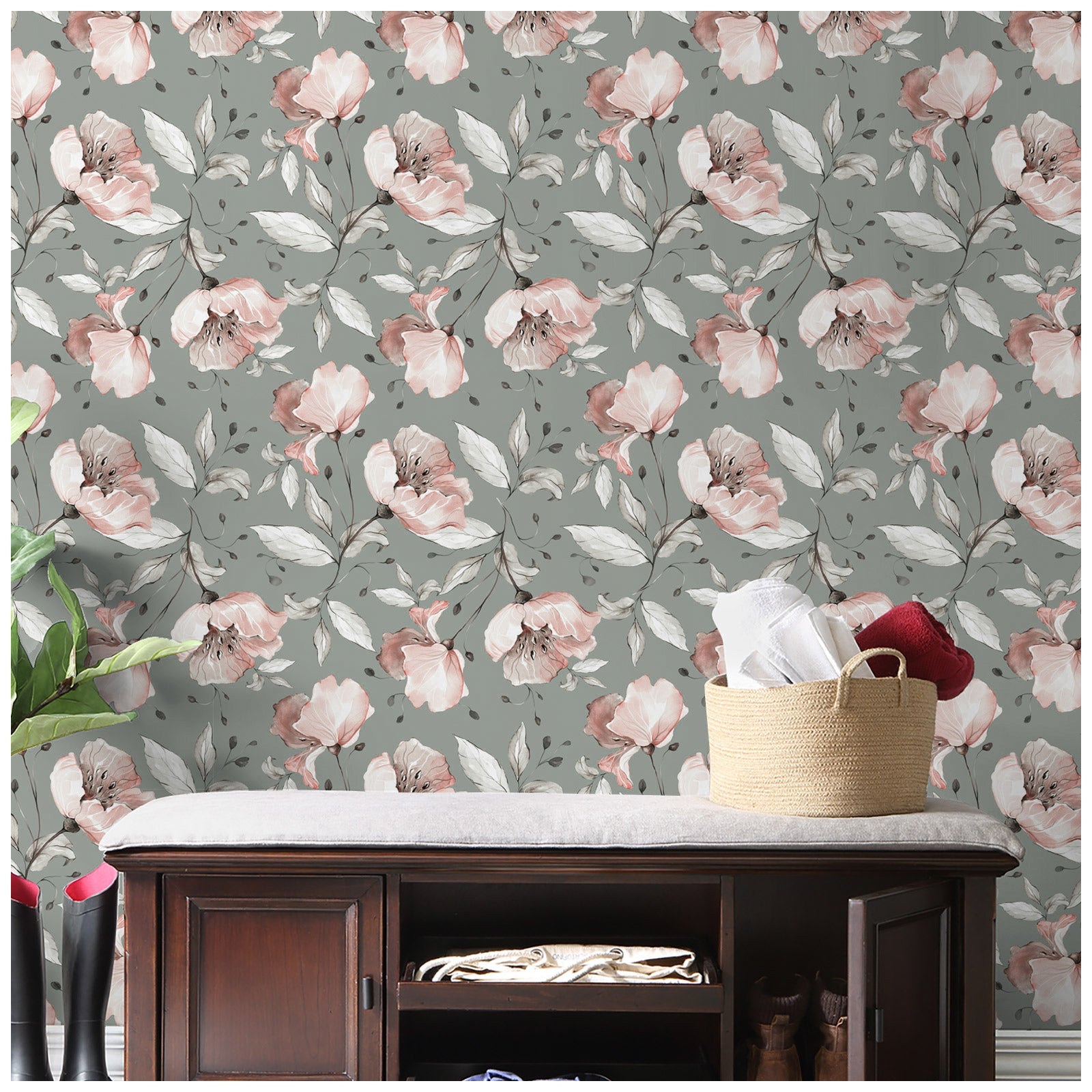 Floralplus Wallpaper Peel and Stick Grey Blush Floral Watercolor Removable Wall Decor for Bedroom Living Room Bathroom Nursery