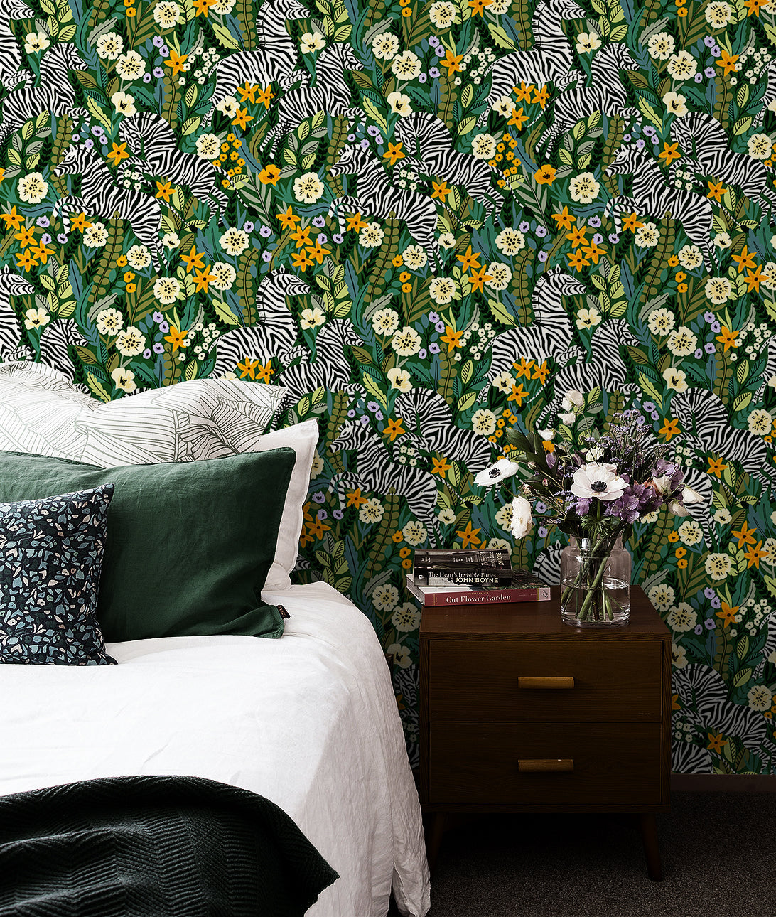 Floralplus Wallpaper Peel and Stick Jungle Zebra Botanical Floral Green Safari Kids Room Nursery Bathroom Removable Wall Decor Mural