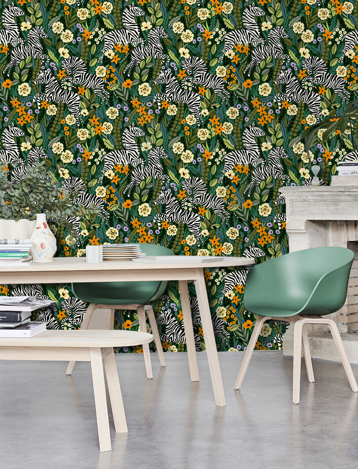 Floralplus Wallpaper Peel and Stick Jungle Zebra Botanical Floral Green Safari Kids Room Nursery Bathroom Removable Wall Decor Mural