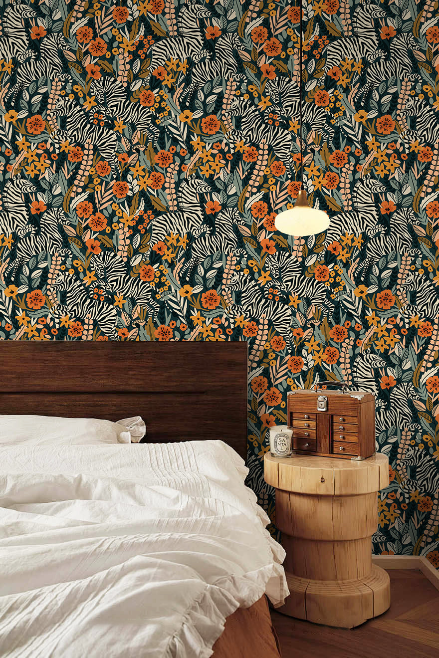 Floralplus Wallpaper Peel and Stick Jungle Zebra Floral Green Orange Safari Kids Room Nursery Bathroom Removable Wall Decor