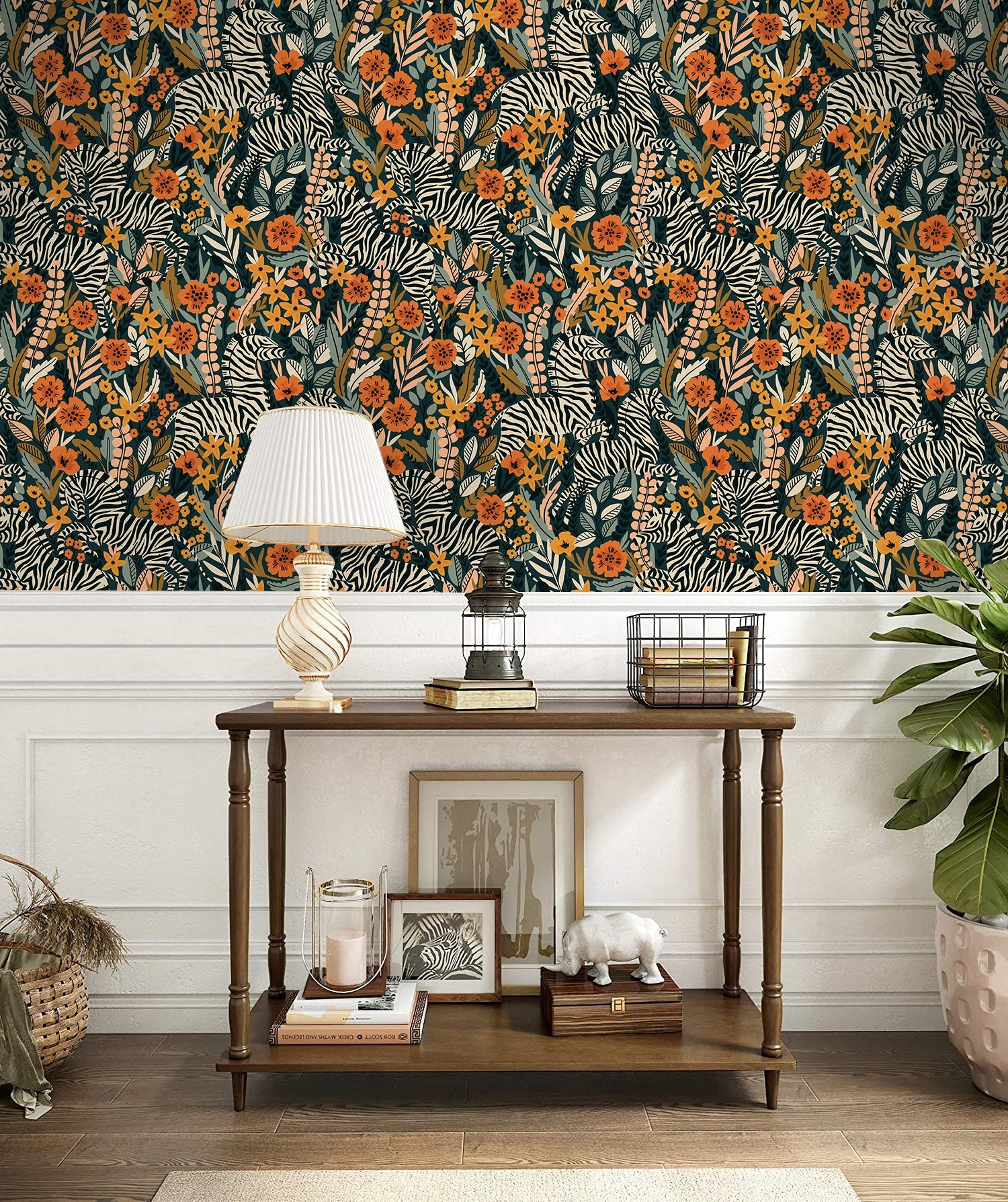 Floralplus Wallpaper Peel and Stick Jungle Zebra Floral Green Orange Safari Kids Room Nursery Bathroom Removable Wall Decor