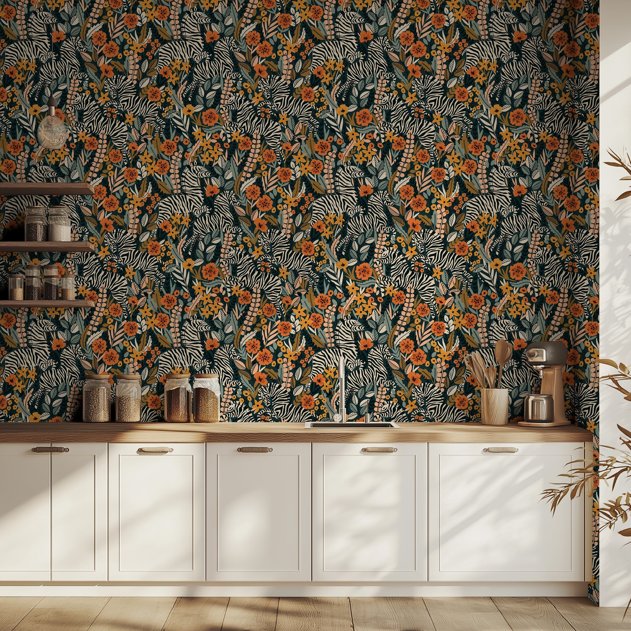 Floralplus Wallpaper Peel and Stick Jungle Zebra Floral Green Orange Safari Kids Room Nursery Bathroom Removable Wall Decor