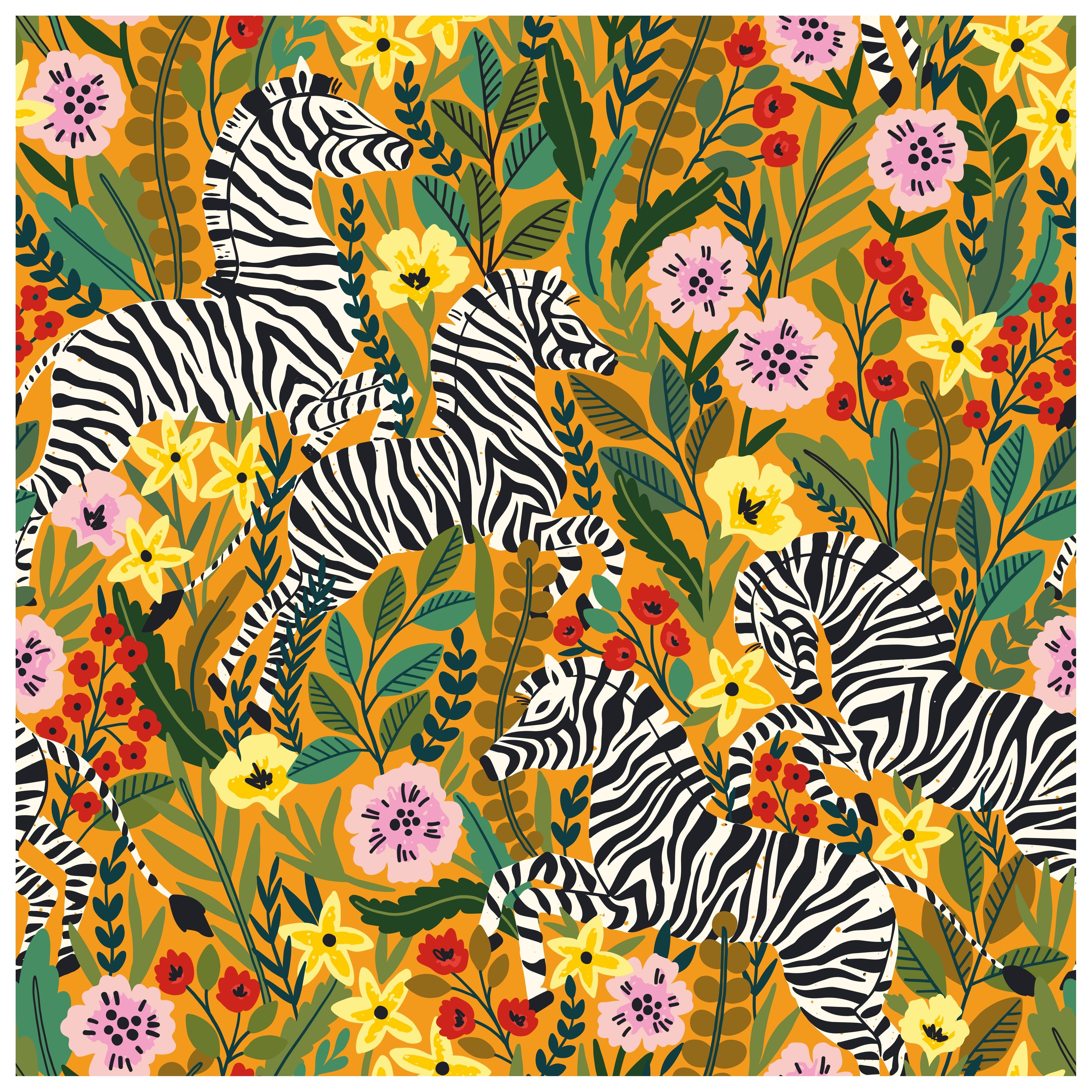 Floralplus Wallpaper Peel and Stick Jungle Zebra Floral Mustard Safari Kids Room Nursery Bathroom Removable Wall Decor