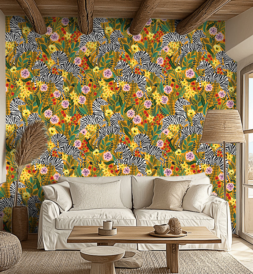 Floralplus Wallpaper Peel and Stick Jungle Zebra Floral Mustard Safari Kids Room Nursery Bathroom Removable Wall Decor