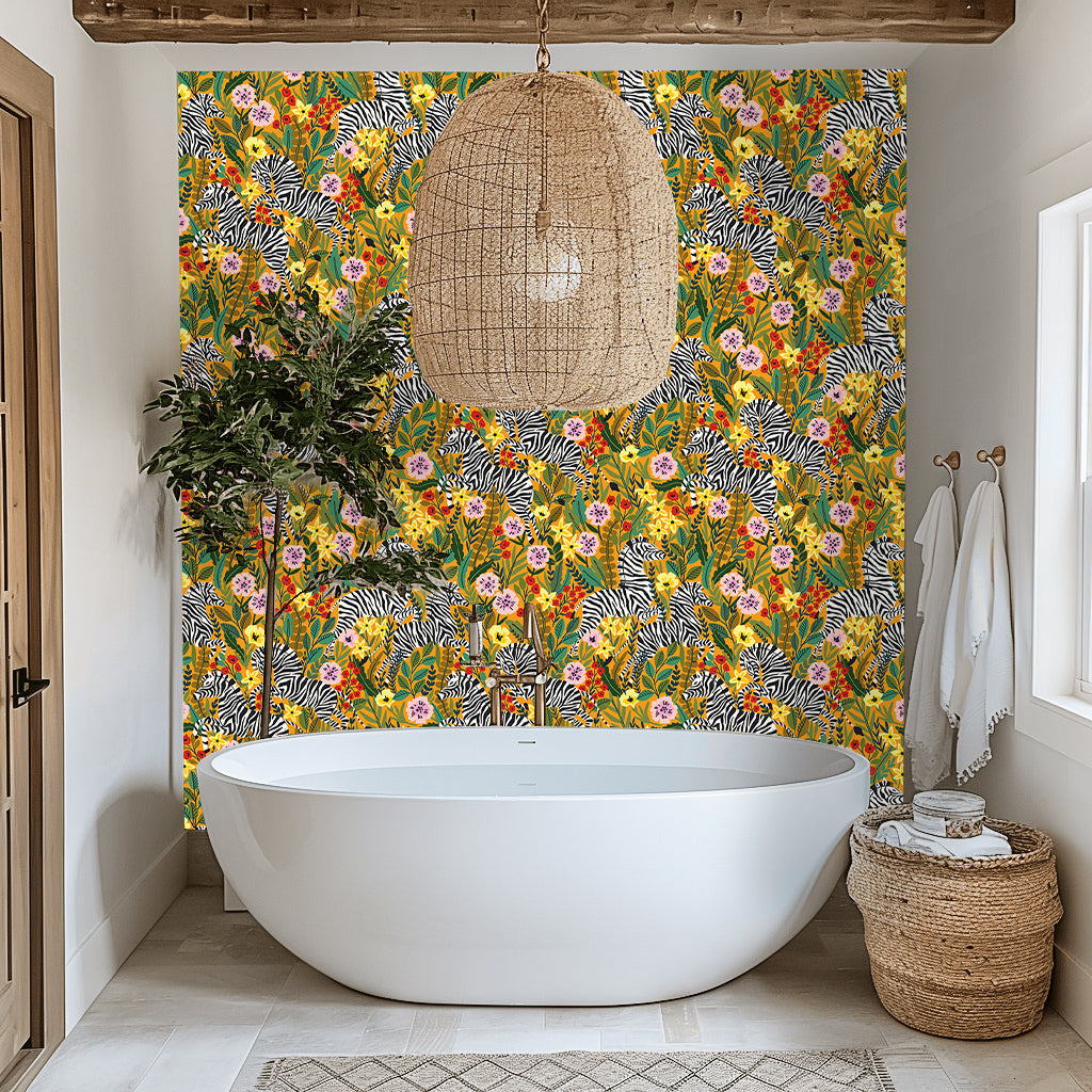 Floralplus Wallpaper Peel and Stick Jungle Zebra Floral Mustard Safari Kids Room Nursery Bathroom Removable Wall Decor