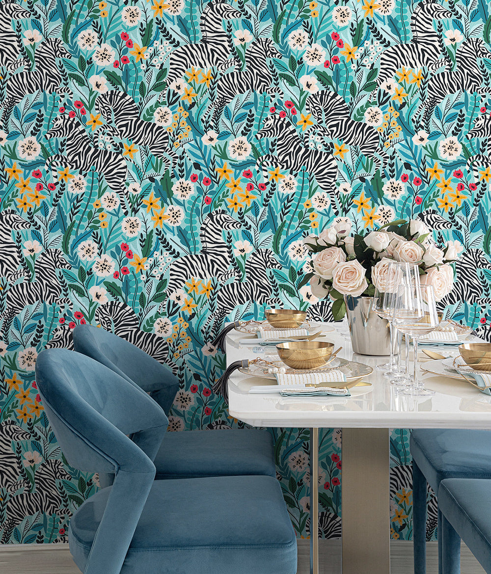 Floralplus Wallpaper Peel and Stick Jungle Zebra Floral Teal Green Safari Wall Decor Nursery Kids Room Bathroom Removable