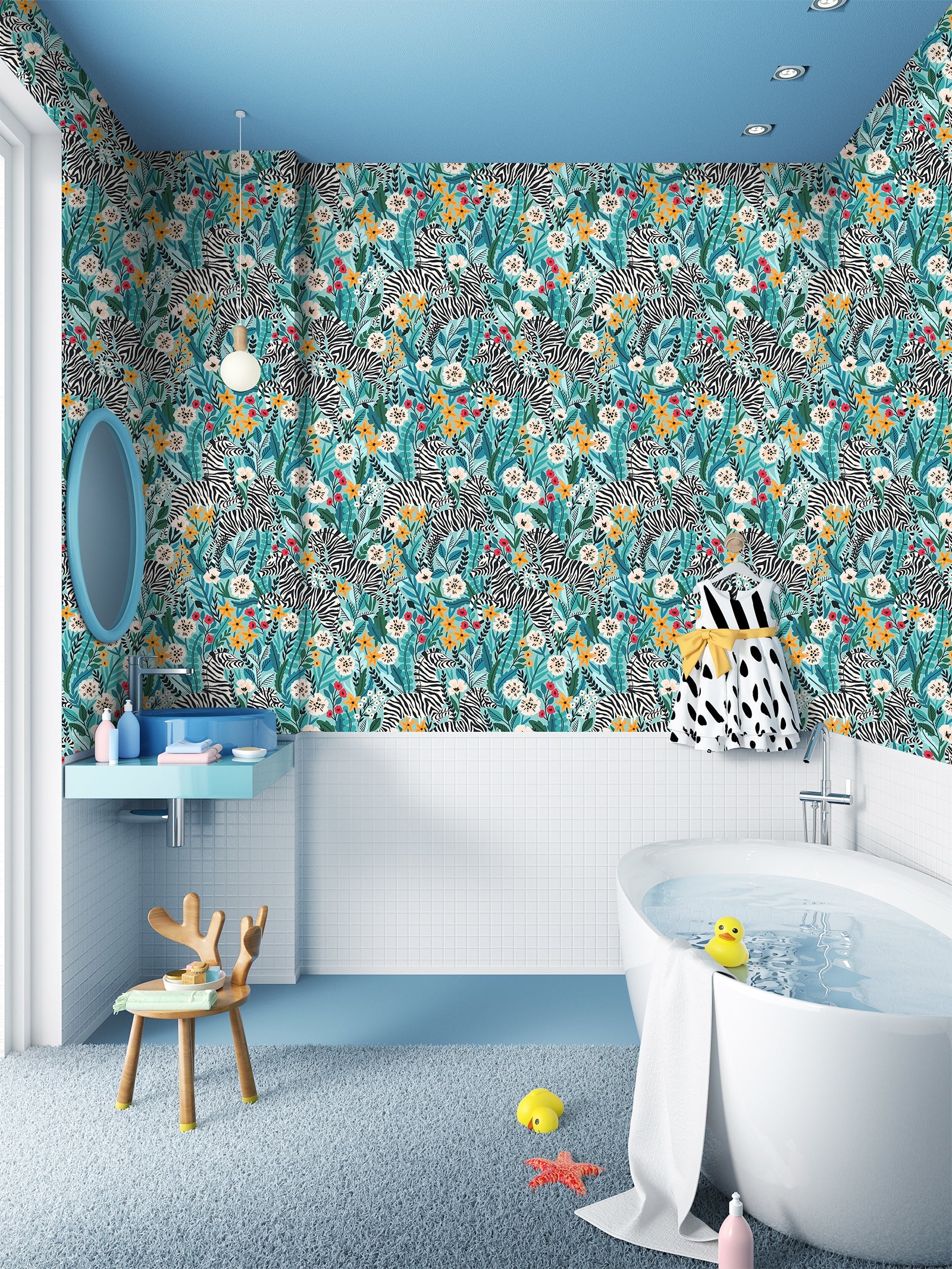 Floralplus Wallpaper Peel and Stick Jungle Zebra Floral Teal Green Safari Wall Decor Nursery Kids Room Bathroom Removable