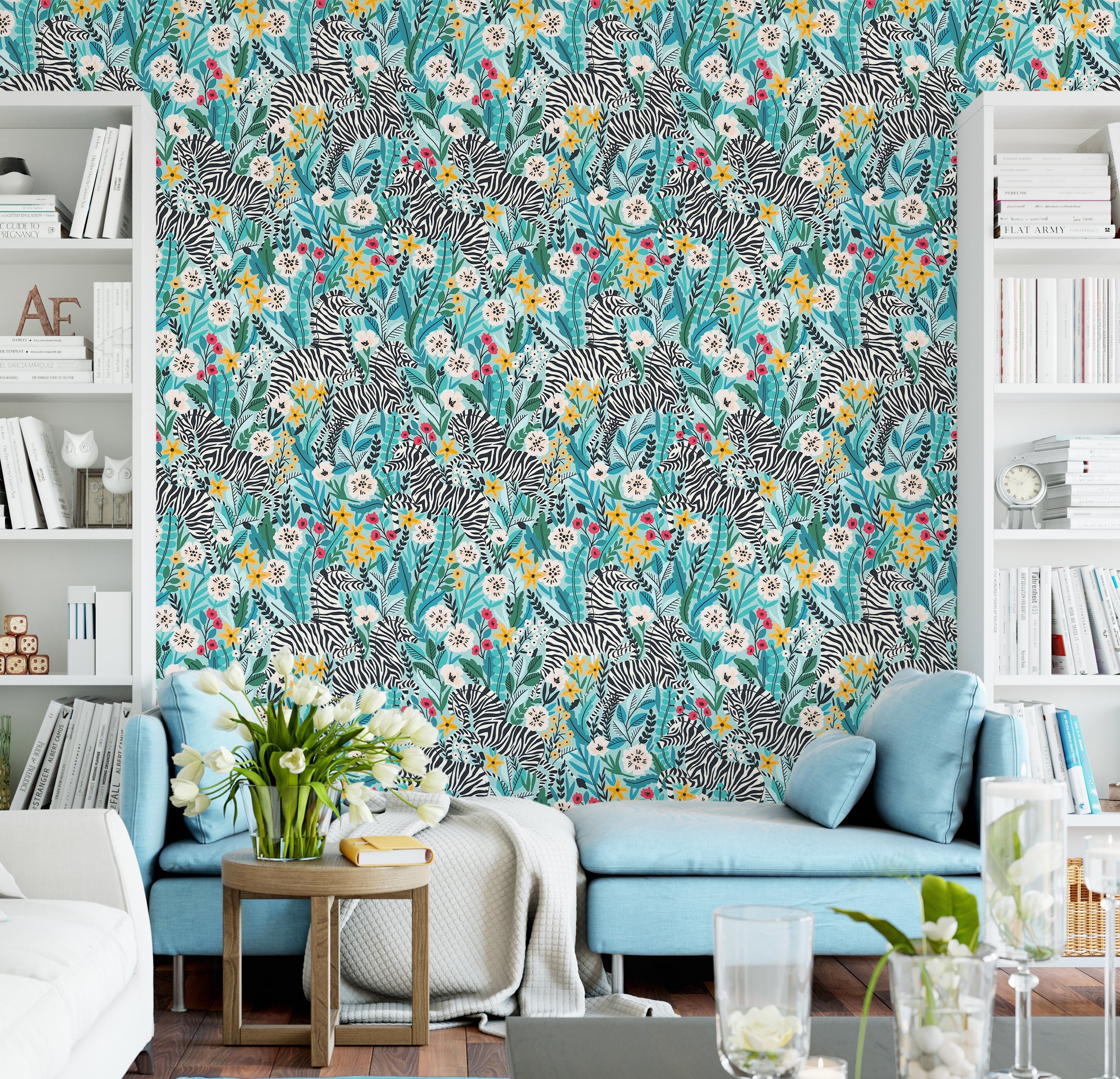 Floralplus Wallpaper Peel and Stick Jungle Zebra Floral Teal Green Safari Wall Decor Nursery Kids Room Bathroom Removable