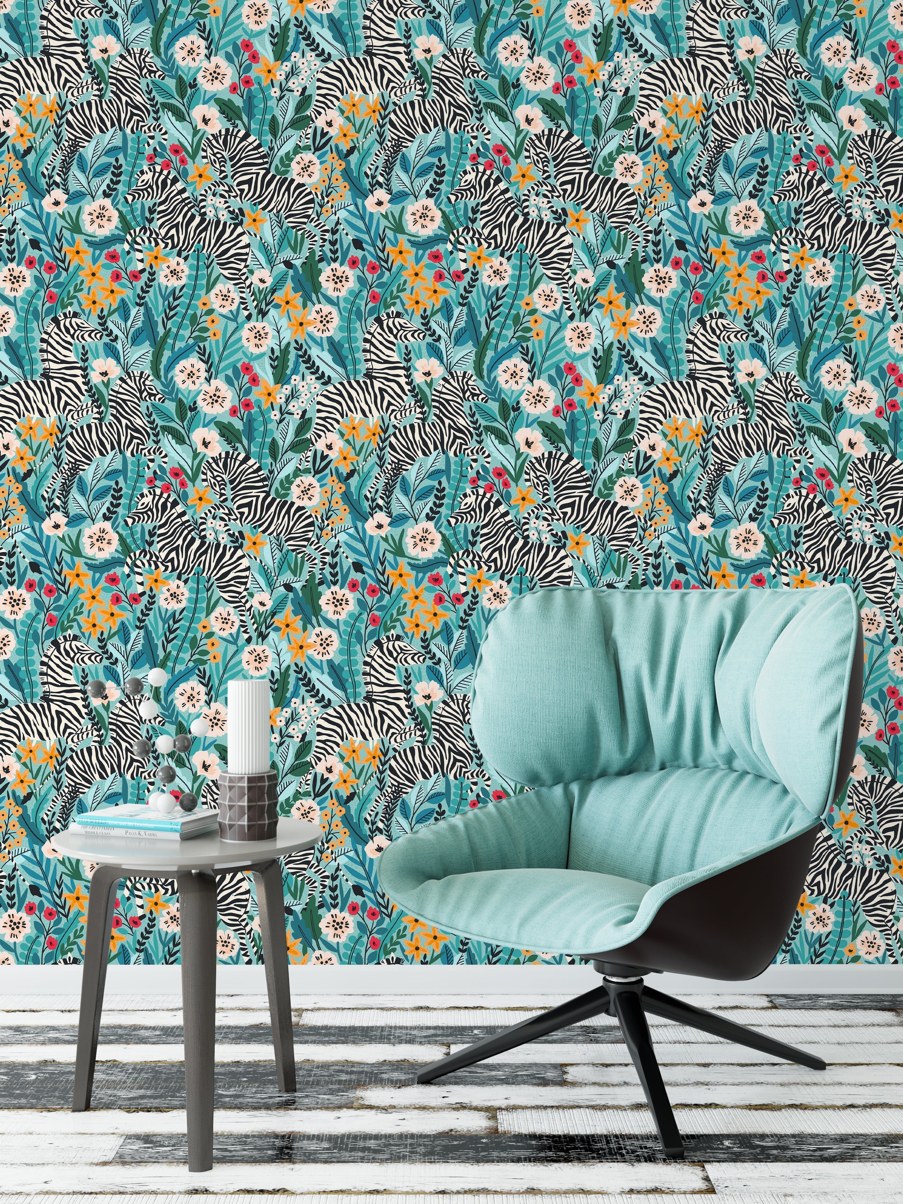 Floralplus Wallpaper Peel and Stick Jungle Zebra Floral Teal Green Safari Wall Decor Nursery Kids Room Bathroom Removable