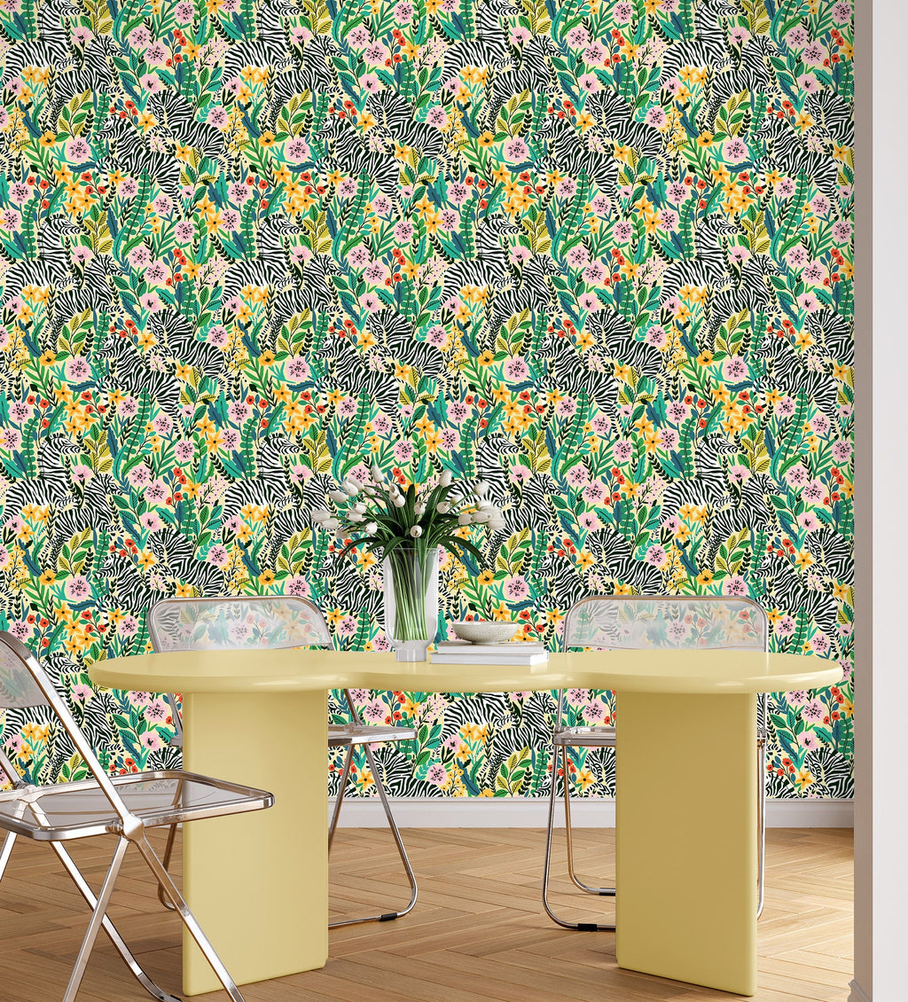 Floralplus Wallpaper Peel and Stick Jungle Zebra Floral Yellow Green Safari Wall Decor Nursery Kids Room Bathroom Removable Mural