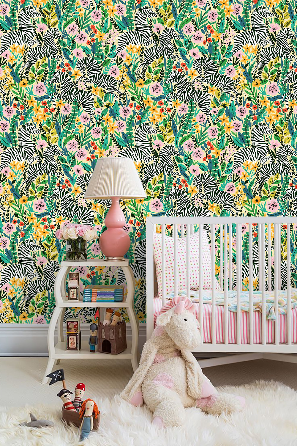 Floralplus Wallpaper Peel and Stick Jungle Zebra Floral Yellow Green Safari Wall Decor Nursery Kids Room Bathroom Removable Mural