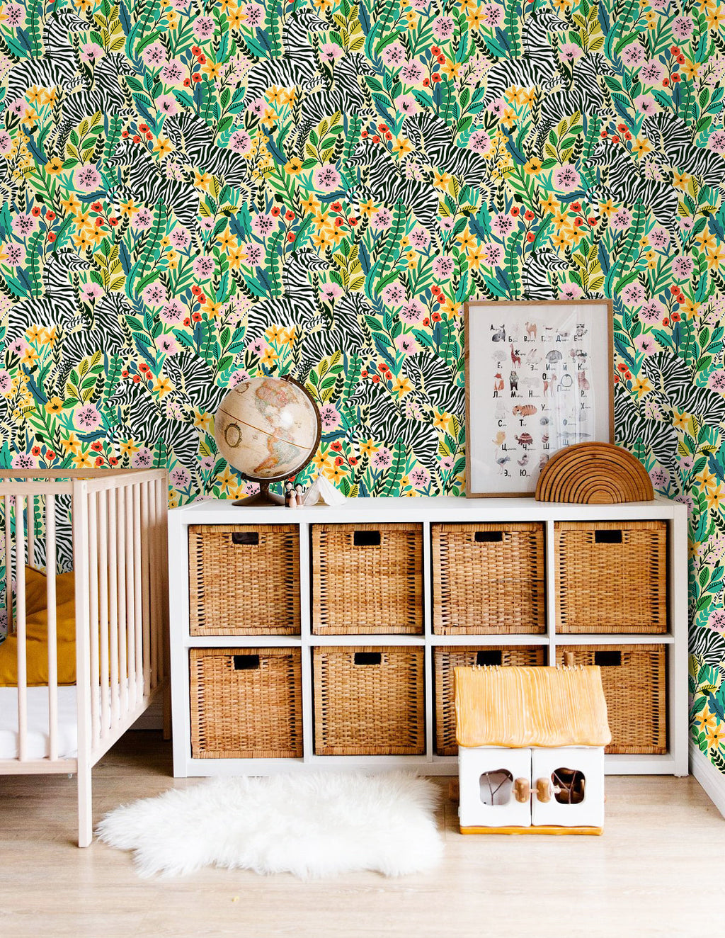 Floralplus Wallpaper Peel and Stick Jungle Zebra Floral Yellow Green Safari Wall Decor Nursery Kids Room Bathroom Removable Mural