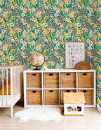 Floralplus Wallpaper Peel and Stick Jungle Zebra Floral Yellow Green Safari Wall Decor Nursery Kids Room Bathroom Removable Mural