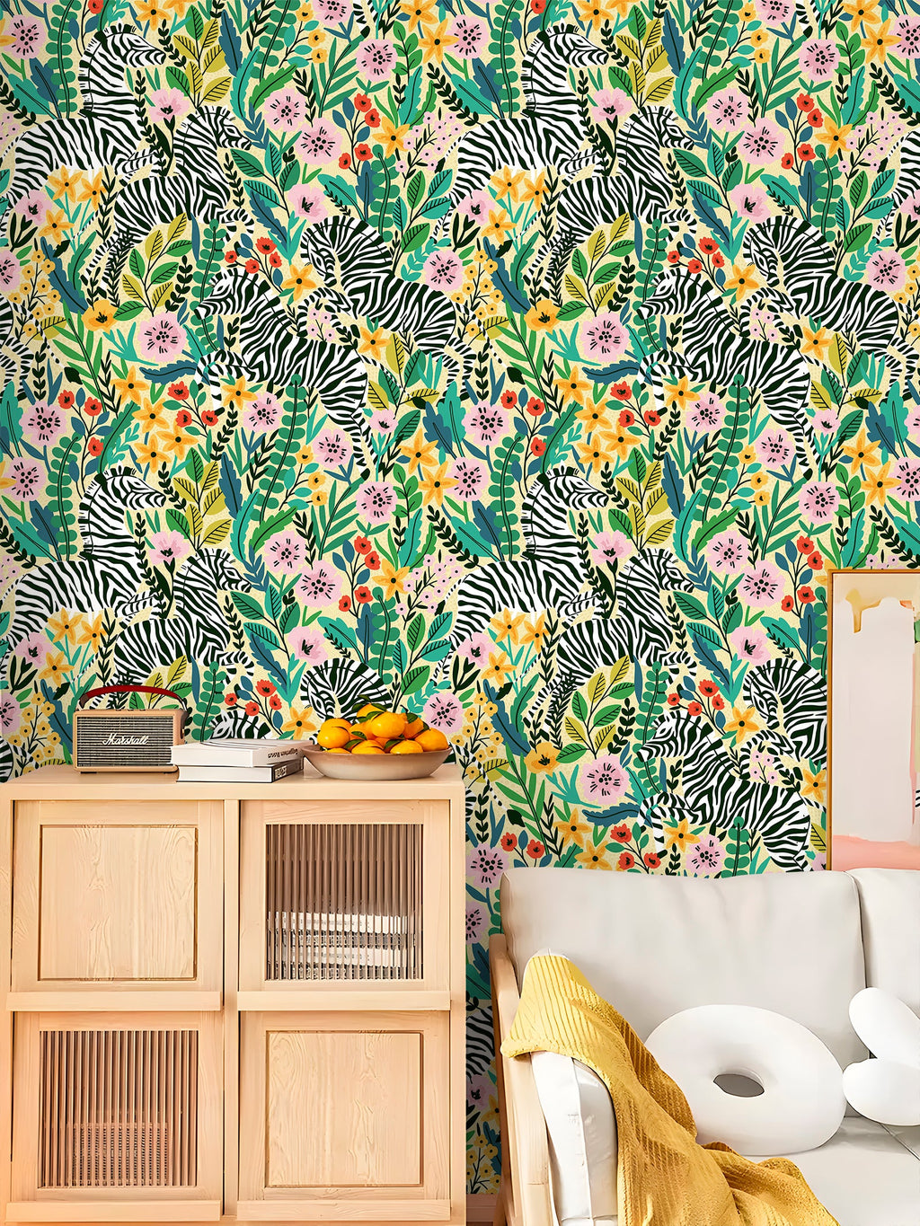 Floralplus Wallpaper Peel and Stick Jungle Zebra Floral Yellow Green Safari Wall Decor Nursery Kids Room Bathroom Removable Mural