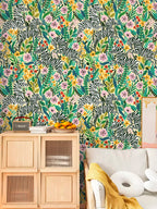 Floralplus Wallpaper Peel and Stick Jungle Zebra Floral Yellow Green Safari Wall Decor Nursery Kids Room Bathroom Removable Mural