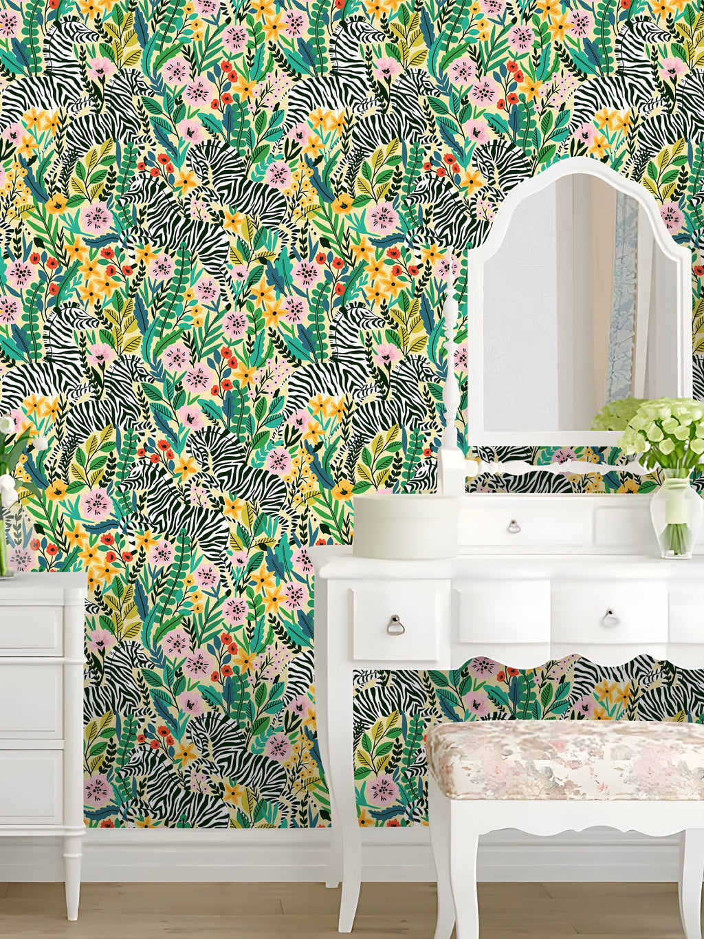Floralplus Wallpaper Peel and Stick Jungle Zebra Floral Yellow Green Safari Wall Decor Nursery Kids Room Bathroom Removable Mural