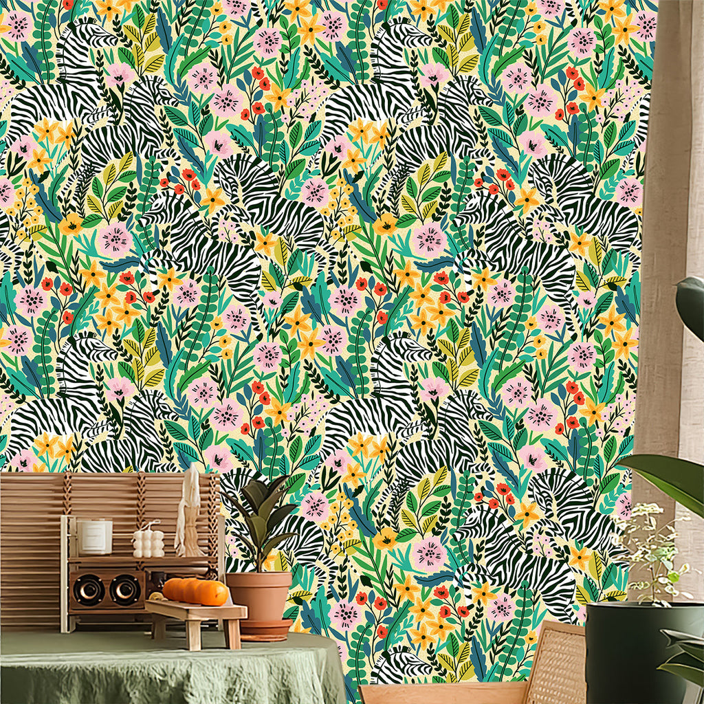 Floralplus Wallpaper Peel and Stick Jungle Zebra Floral Yellow Green Safari Wall Decor Nursery Kids Room Bathroom Removable Mural