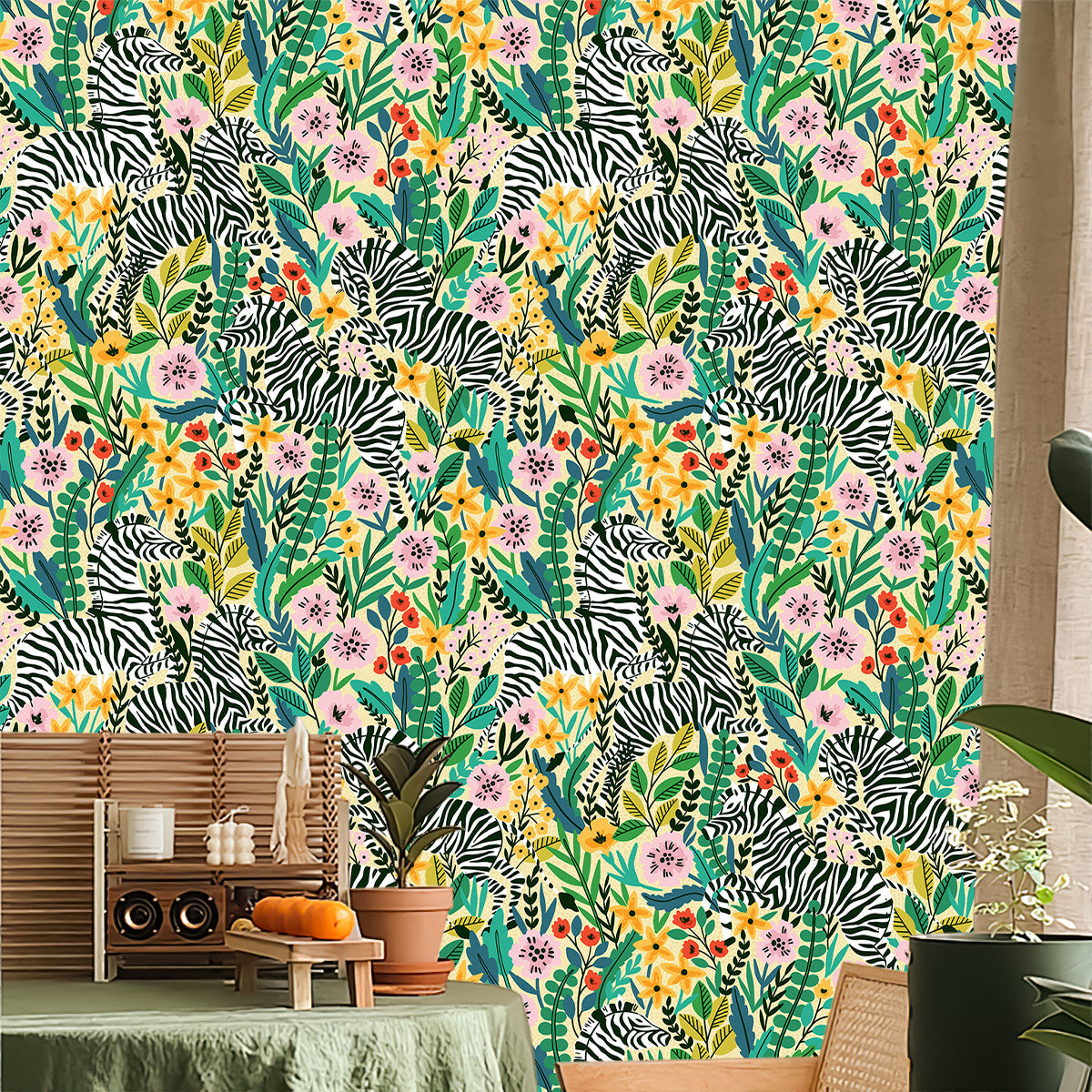 Floralplus Wallpaper Peel and Stick Jungle Zebra Floral Yellow Green Safari Wall Decor Nursery Kids Room Bathroom Removable Mural