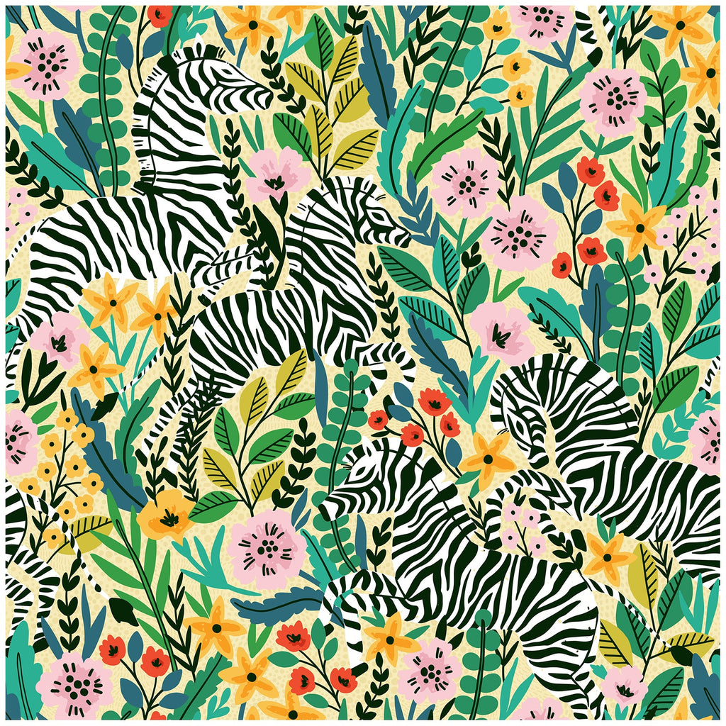 Floralplus Wallpaper Peel and Stick Jungle Zebra Floral Yellow Green Safari Wall Decor Nursery Kids Room Bathroom Removable Mural