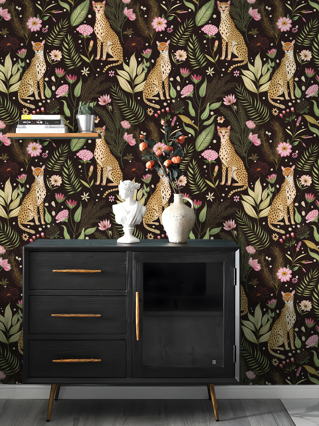 Floralplus Wallpaper Peel and Stick Leopard Jungle Floral Dark Brown Botanical Wall Decor Bedroom Bathroom Nursery Removable Mural