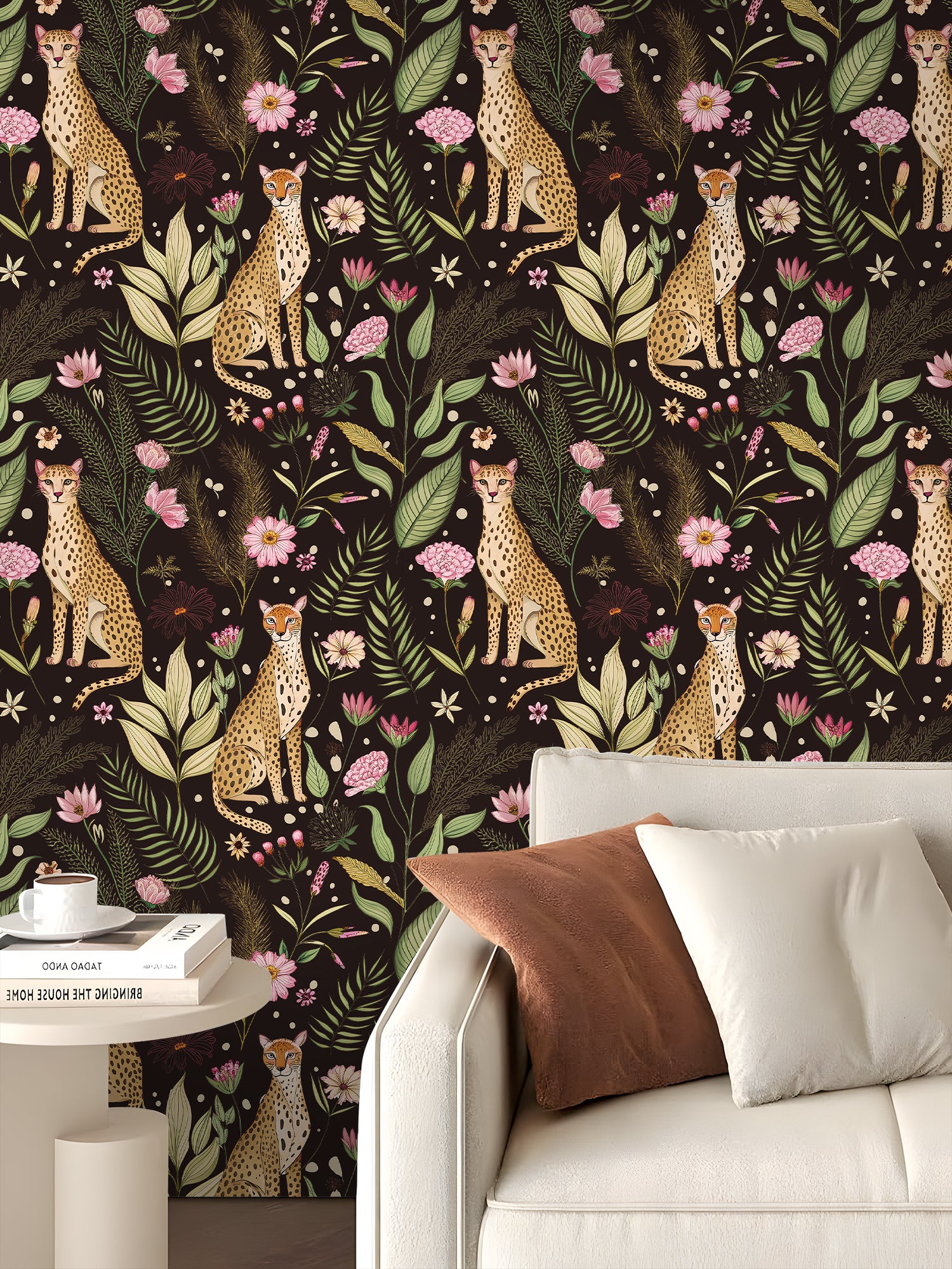 Floralplus Wallpaper Peel and Stick Leopard Jungle Floral Dark Brown Botanical Wall Decor Bedroom Bathroom Nursery Removable Mural