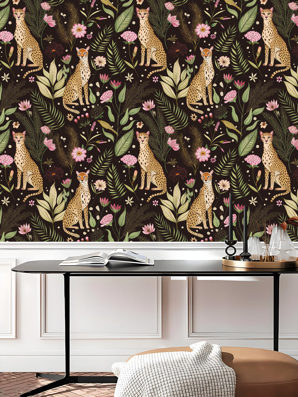 Floralplus Wallpaper Peel and Stick Leopard Jungle Floral Dark Brown Botanical Wall Decor Bedroom Bathroom Nursery Removable Mural