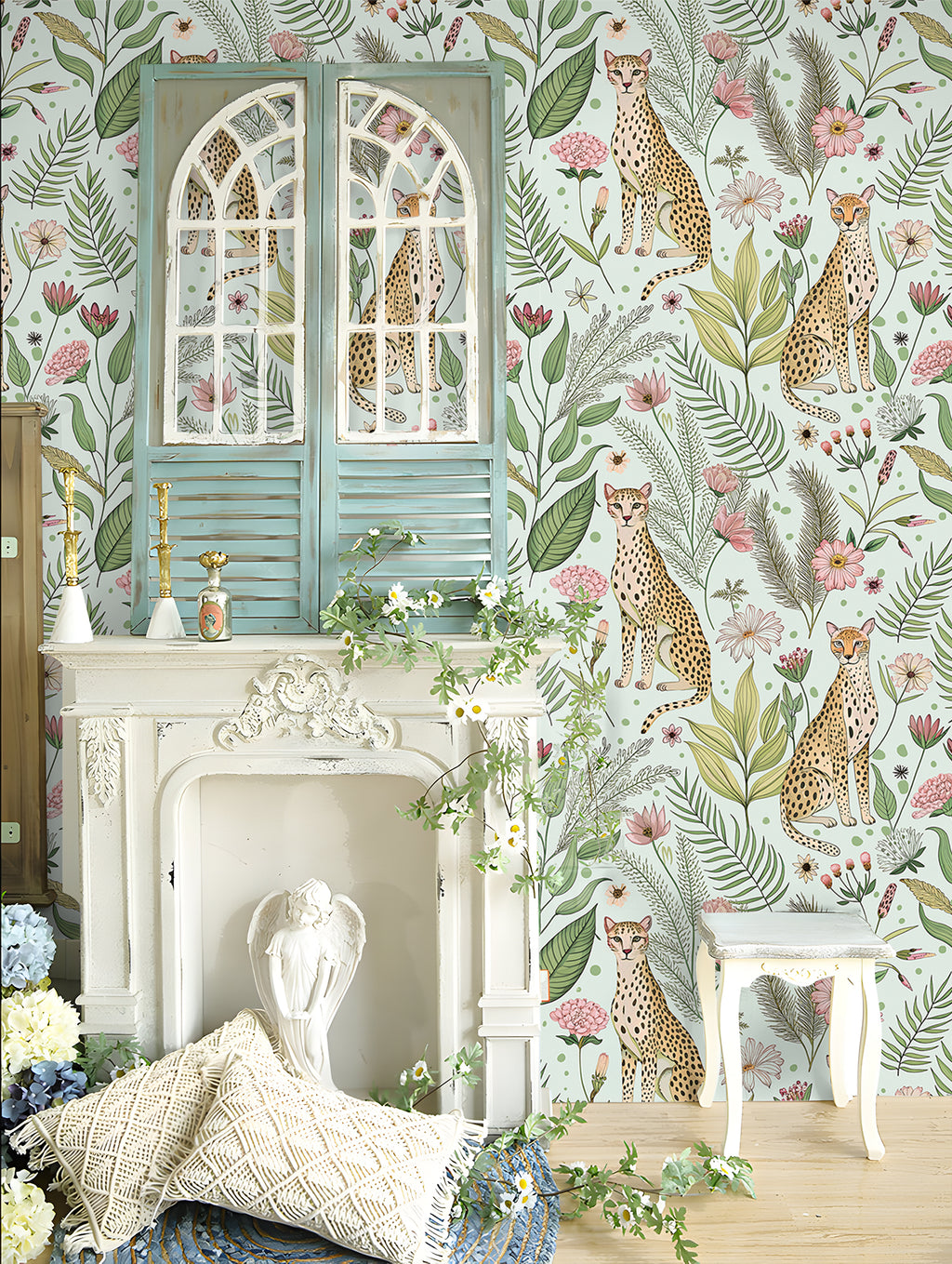 Floralplus Wallpaper Peel and Stick Leopard Jungle Mint Green Floral Botanical Wall Decor Kids Room Nursery Bathroom Removable Mural