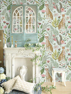 Floralplus Wallpaper Peel and Stick Leopard Jungle Mint Green Floral Botanical Wall Decor Kids Room Nursery Bathroom Removable Mural