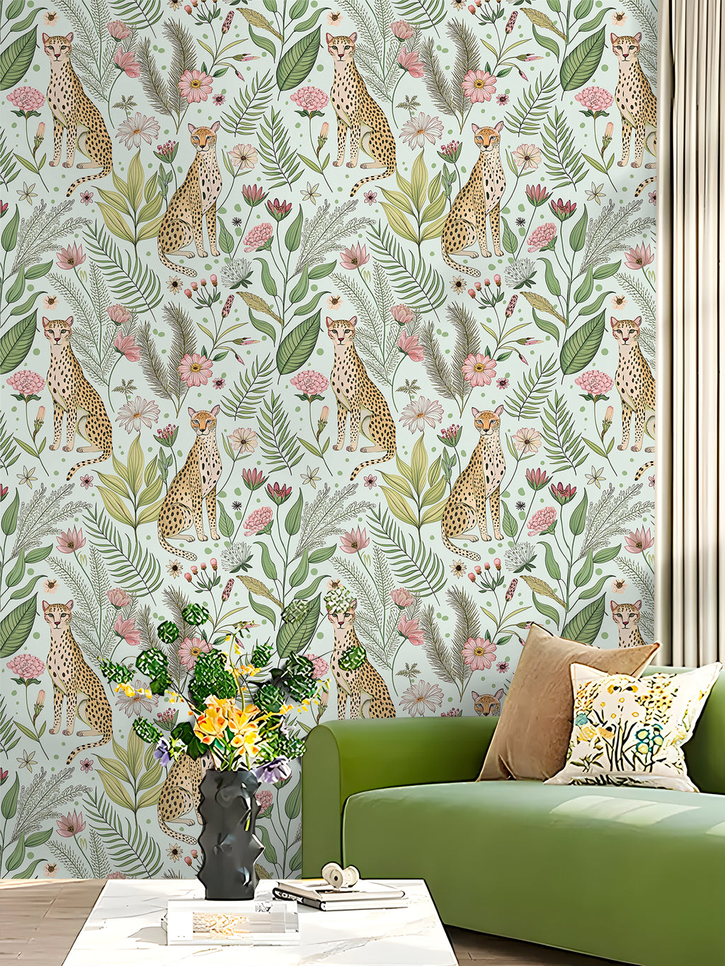 Floralplus Wallpaper Peel and Stick Leopard Jungle Mint Green Floral Botanical Wall Decor Kids Room Nursery Bathroom Removable Mural