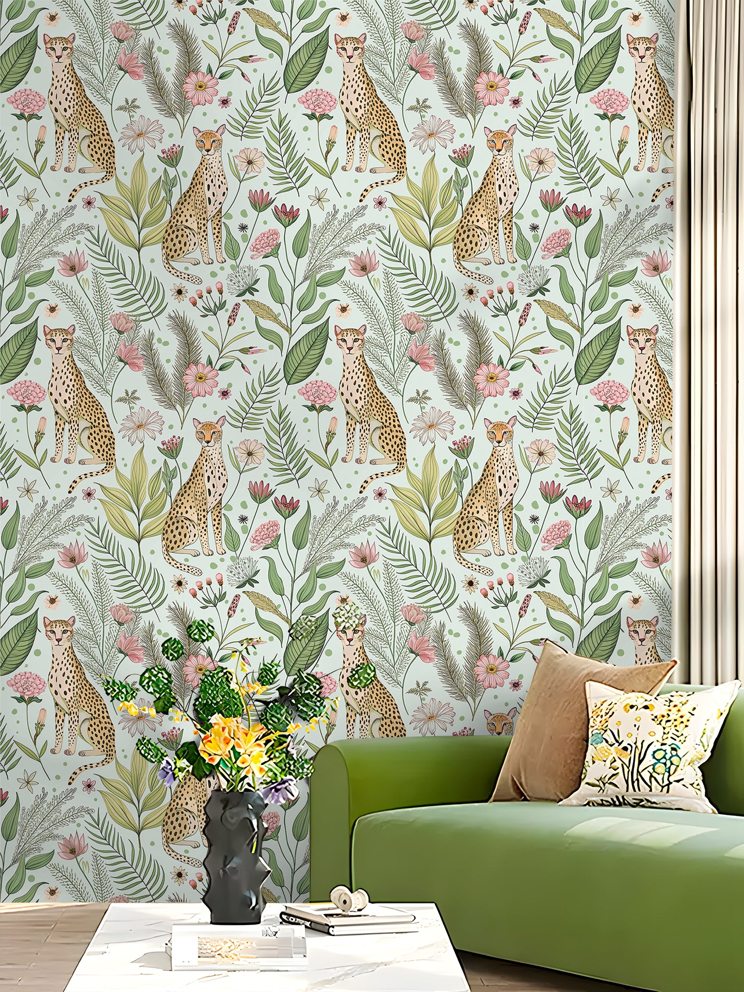 Floralplus Wallpaper Peel and Stick Leopard Jungle Mint Green Floral Botanical Wall Decor Kids Room Nursery Bathroom Removable Mural